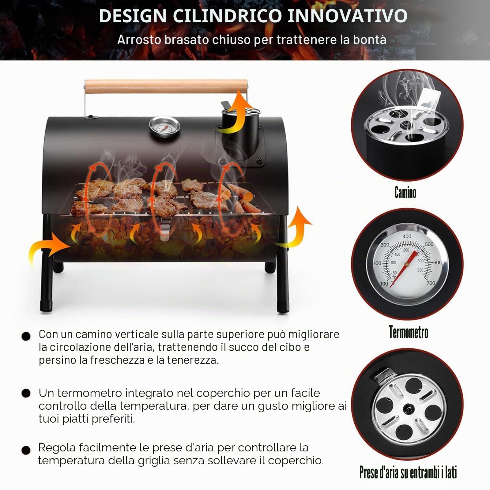 Barbecue a carbonella portatile da campeggio con coperchio, piccolo barbecue da tavolo con termometro, flusso d'aria regolabile e quantità di scarico, per cucina all'aperto, feste, campeggio, picnic