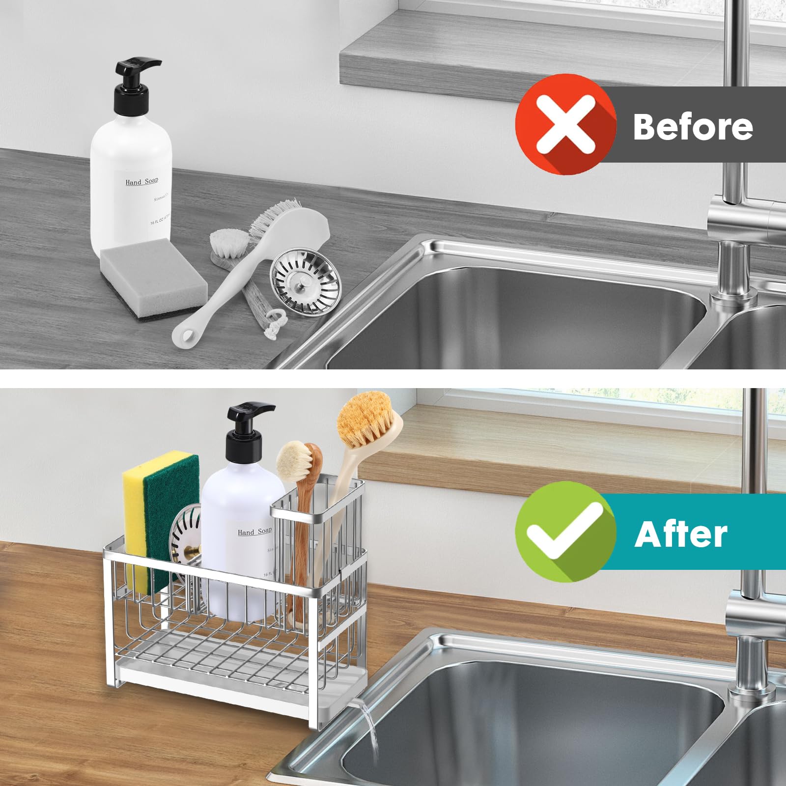 Sinnsally Soporte de esponja para organizador de fregadero de cocina, soporte para cepillo de platos de 2 niveles, soporte para utensilios de acero inoxidable, dispensador de jabón, accesorios de