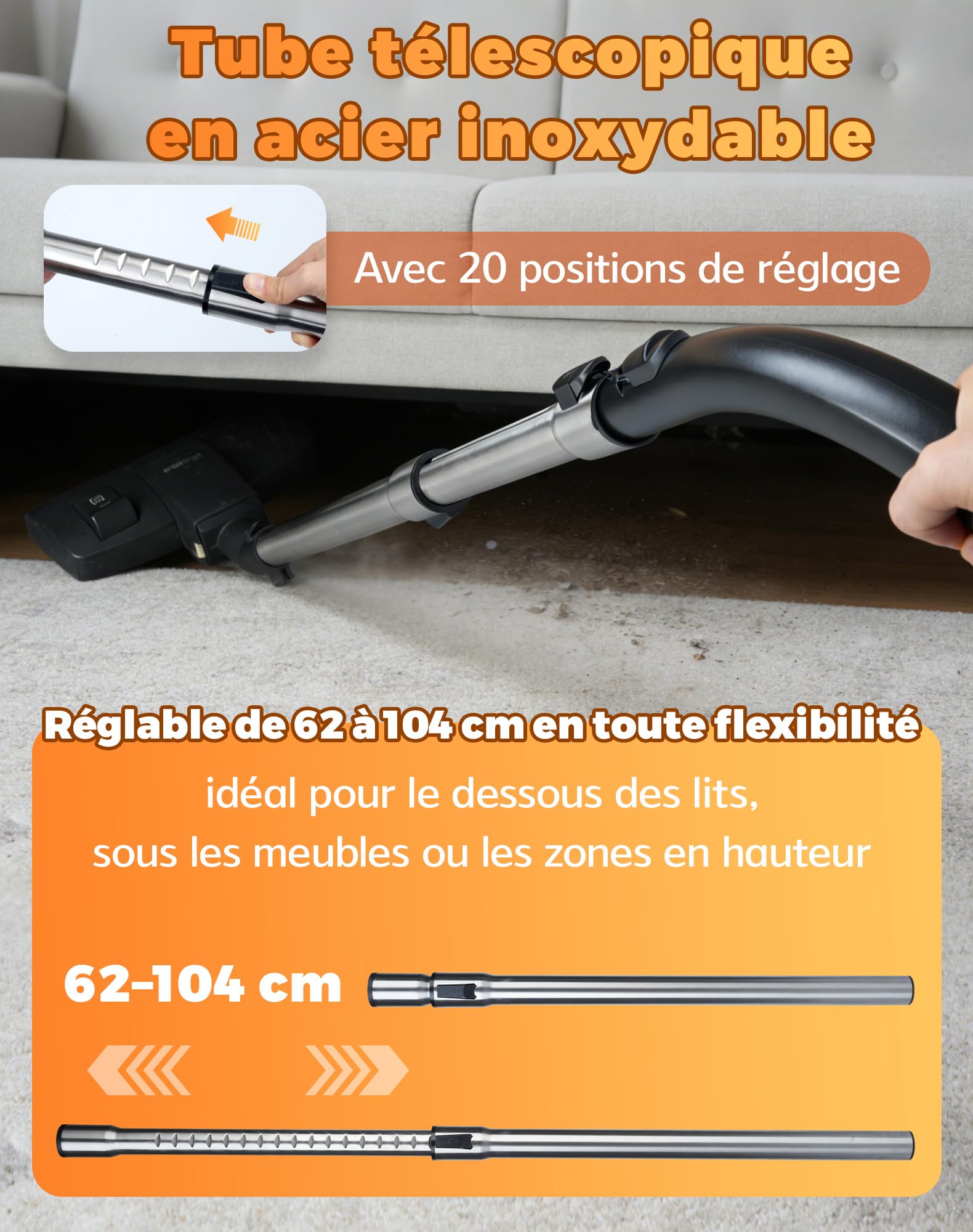 Tube télescopique avec système d’encliquetage et manche pour Miele aspirateur, pièces détachée compatible avec Miele Complete Complete C3, C2, C1, S2, S4, S5, S6, tube télescopique 62–104 cm