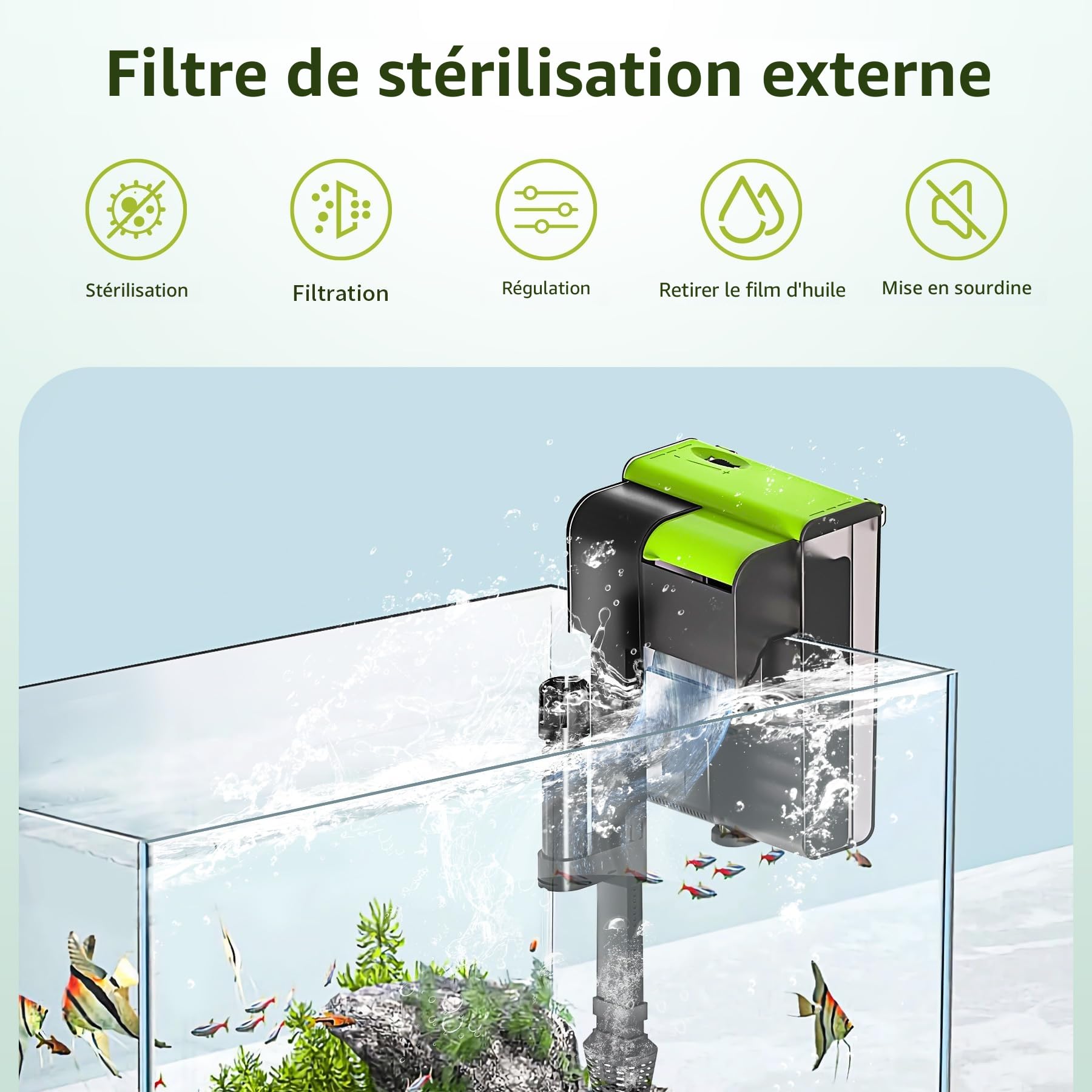 Forever Speed Filtre Externe Aquarium UVC 4-en-1 Filtre Aquarium Réglable, 450L/h Cascade Hang on Filtre pour Aquariums 10-100L