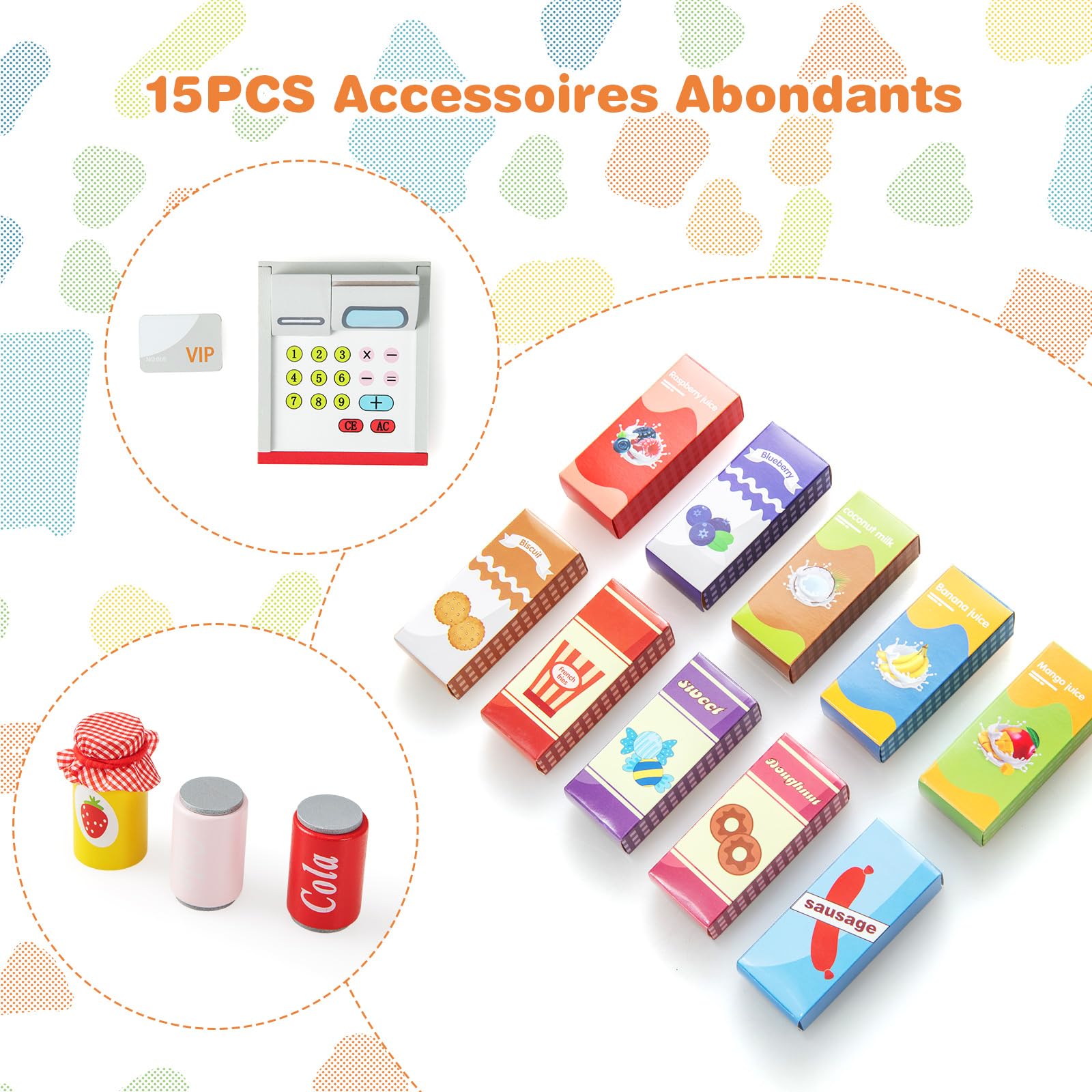 COSTWAY Épicerie Enfants en Bois avec 15 Accessoires & Distributeur Automatique, Marchande Enfants avec Caisse Enregistreuse Réaliste & Tableau Noir, Jeu d’Imitation pour Enfants de 3-8 Ans (Gris)