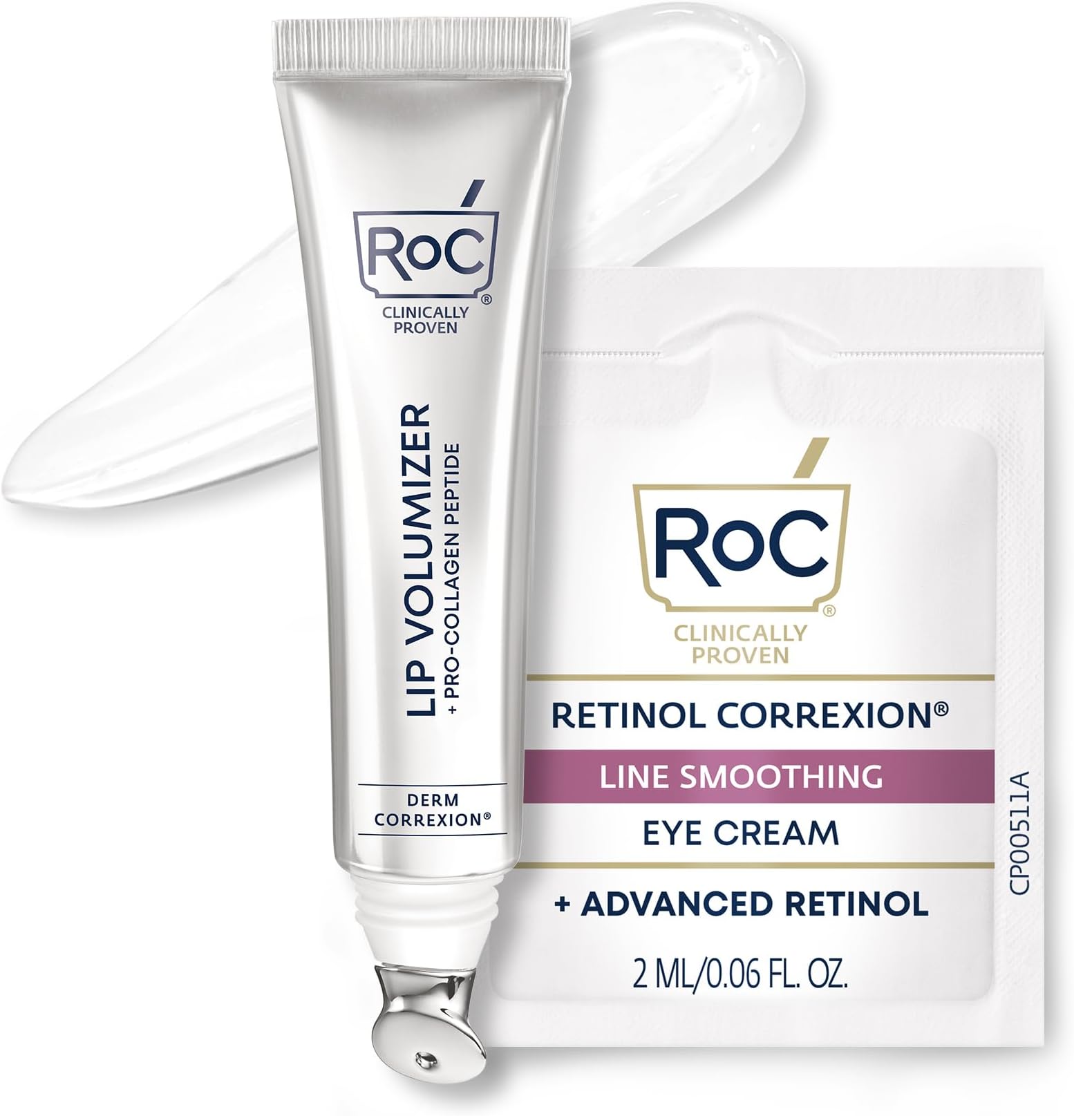RoC Derm Correxion Lip Volumizer - Lip Plumper Peptide Treatment with Hyaluronic Acid & Vitamin E + Line Smoothing Eye Cream Packette