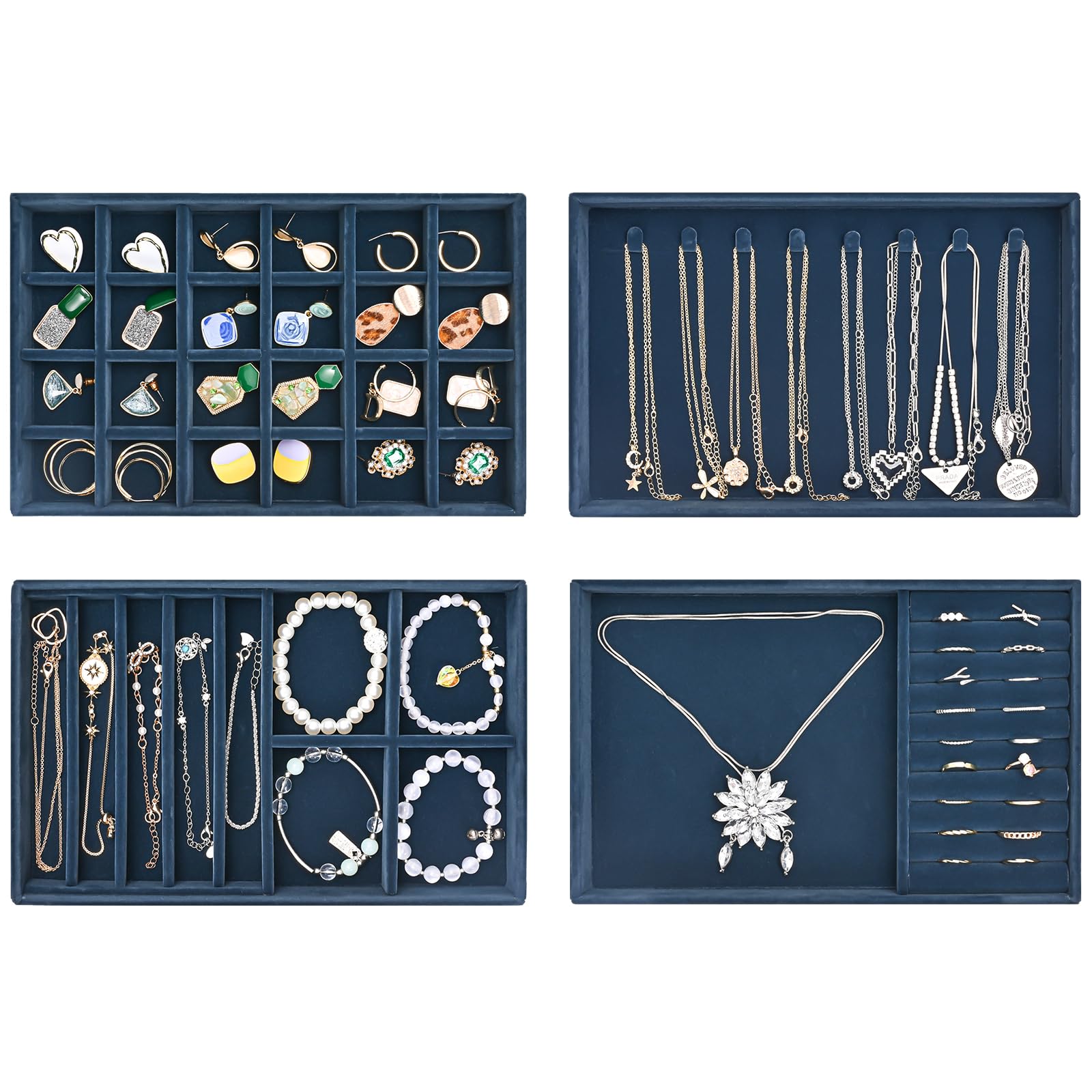 ProCaseProCase Jewellery Tray Organiser, Jewellery Drawer Organiser Velvet Stackable Jewellery Storage Tray for Drawer Jewellery Display for Earring Necklace Ring Bracelet -4 Layers, Darkblue