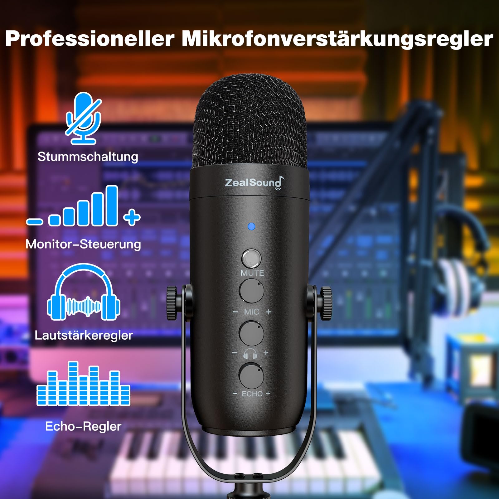 zealsound USB Podcast Mikrofon für PC Handy— mit Rauschunterdrückung, Mute-Taste, Echo für Vocal & Singen Stream, und 2 Adapters & Boom arm, für Gaming, YouTube, Kompatibel mit iPhone, Mac & PS5