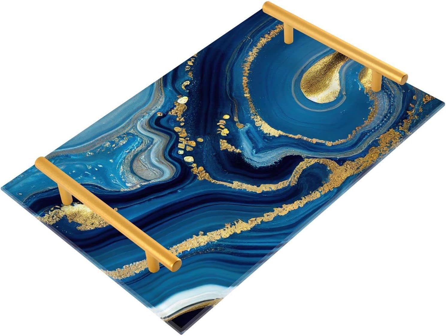 Vanity Tray (Gold Blue Agate), Acrylic Decorative Serving Tray Coffee Table Tray with Metal Handles for Bathroom Living Room Bedroom 7.87×11.81 inches