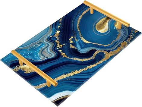 Vanity Tray Gold Blue Agate, Acrylic Decorative Serving Tray Coffee Table Tray with Metal Handles for Bathroom Living Room Bedroom 7.8711.81 inches