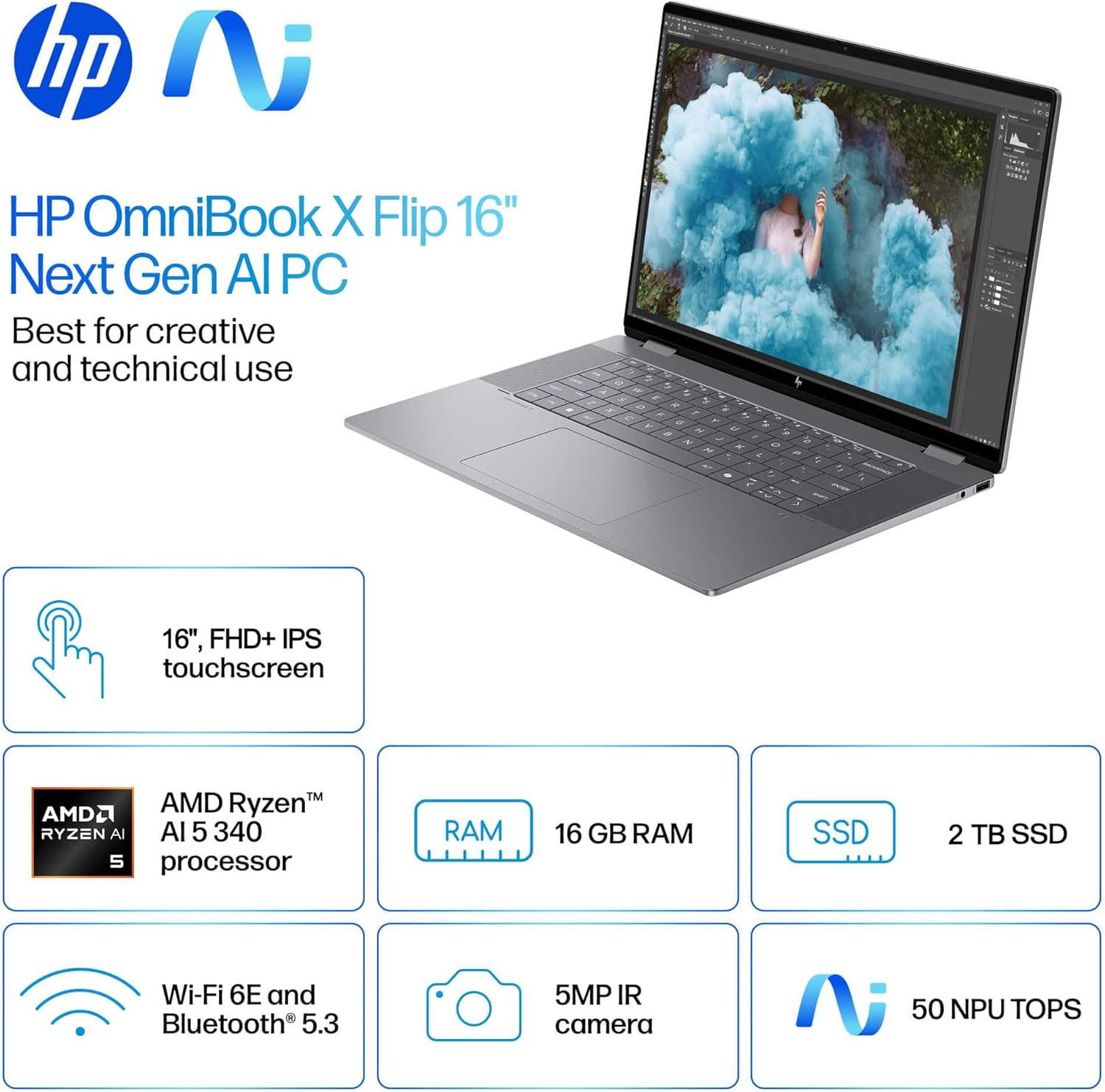 HP OmniBook X Flip (Next Gen Envy x360) 2-in-1 Touchscreen Laptop (16" FHD+, AMD Ryzen AI 5 340 (> Intel i7-1355U), 16GB DDR5 RAM, 2TB SSD) AI Copilot+ PC for Designer, Creator, Backlit, Win 11 Pro