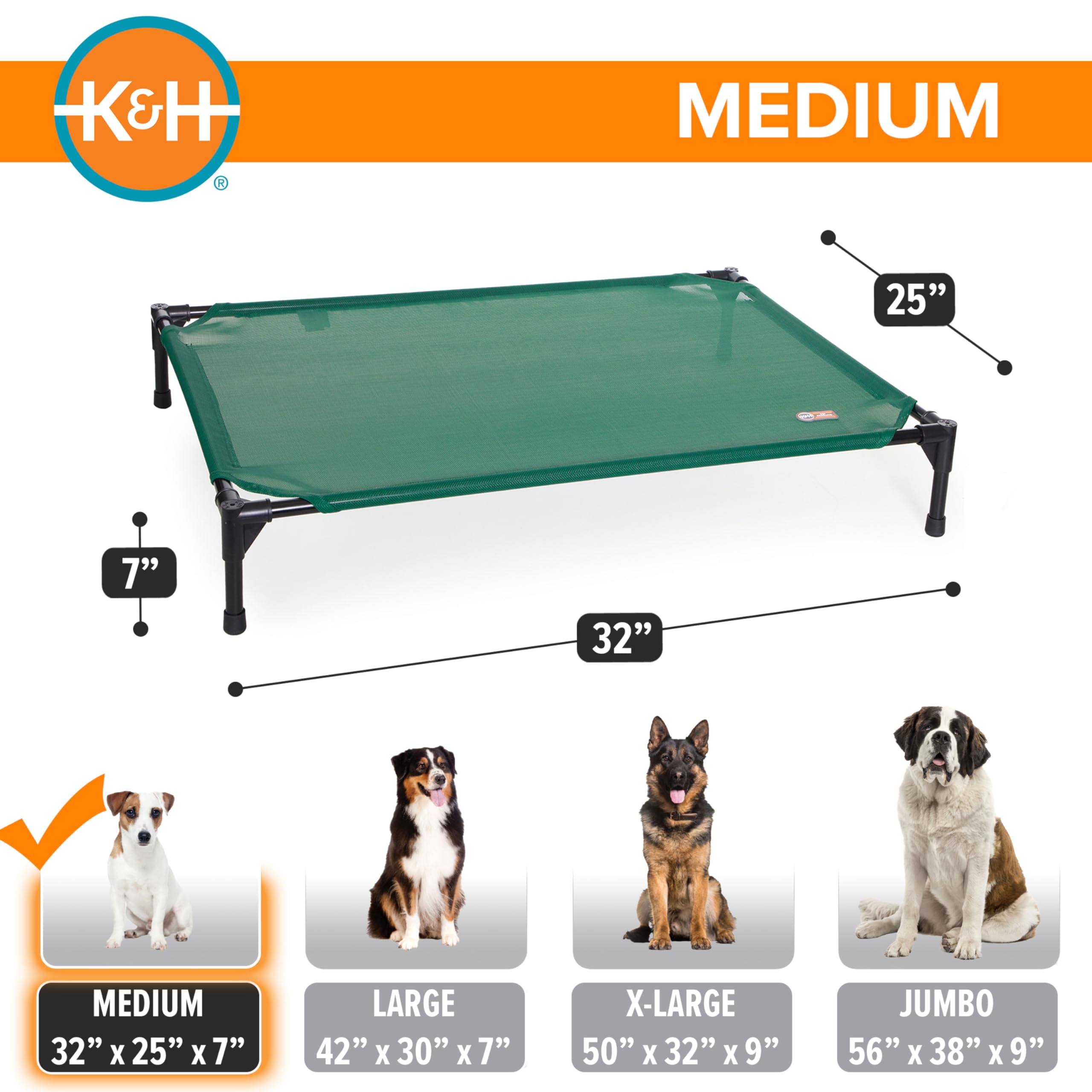 K&H Pet Products Cama Elevada para Perros al Aire Libre - Enfriamiento con Malla Transpirable Lavable para Perros Medianos, Portátil de Plataforma para Mascotas
