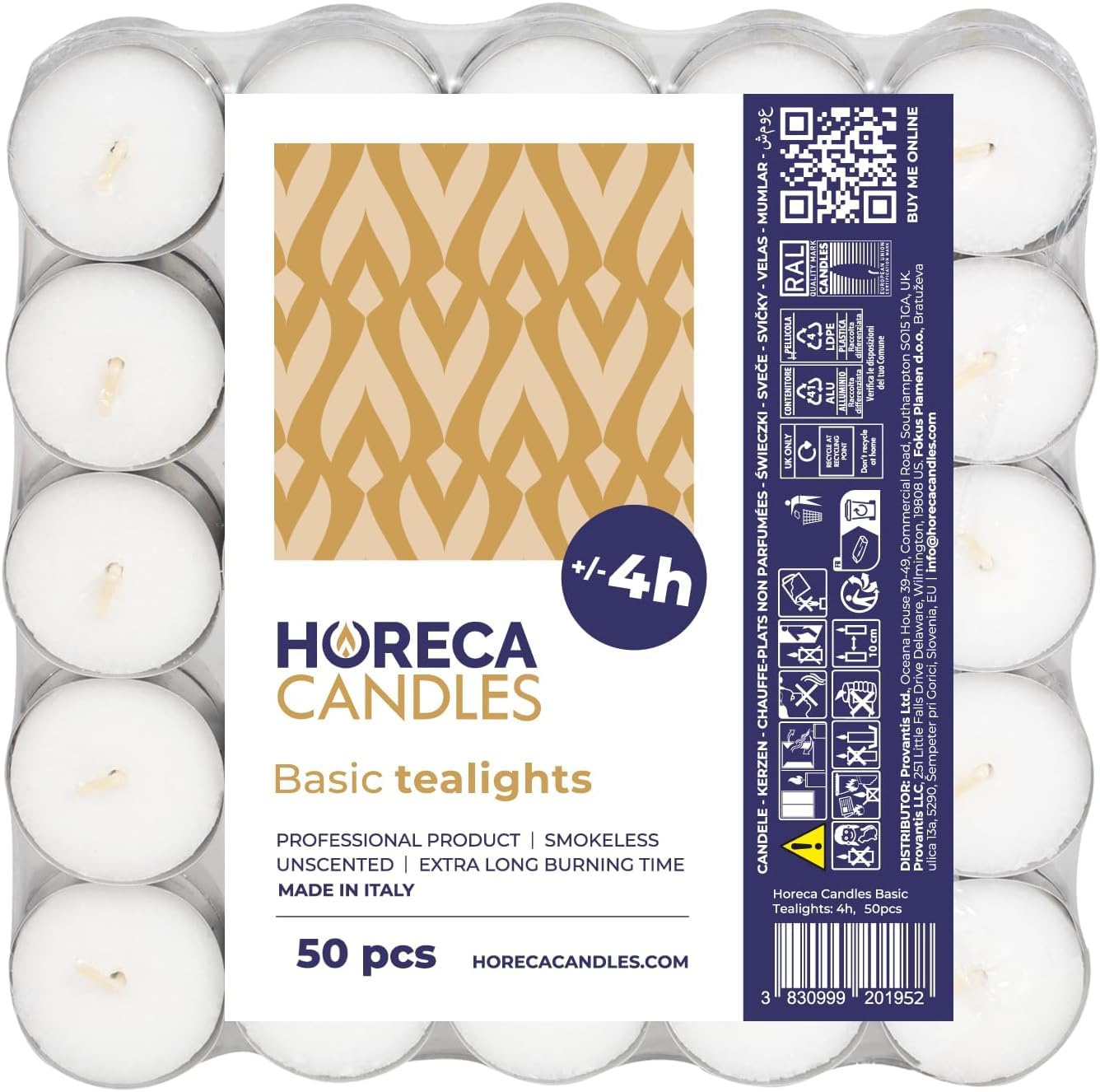 Horeca Candles - Velas de té Blancas - 4 Horas de Duración - Paquete de 50 Unidades - Candelitas Decorativas Sin Perfume - Para Boda, Relajación, Cumpleaños