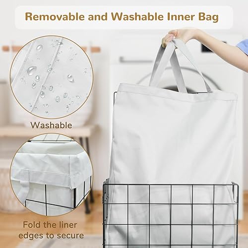 Miniatura 6 de cutefafa Cesta de lavandería de alambre con ruedas con forro extraíble, cesta de lavandería con tapa, plegable, organizador de ropa sucia,