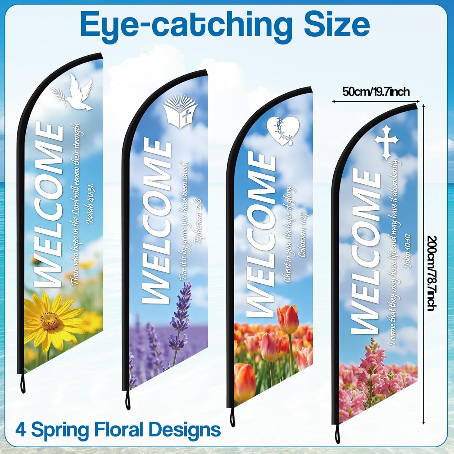 4 Pcs Welcome Feather Flag with Scripture Spring Church Banners Flag with Flowers Scenery Inspirational Religious Praise Banner Sign for Spring Easter Outdoor Yard Christian School Festival Decor