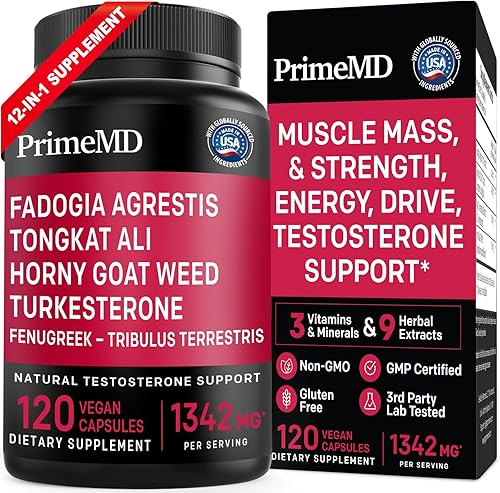 PrimeMD 12-in-1 Fadogia Agrestis and Tongkat Ali - Testosterone Supplement for Men with Turkesterone - HornyGoatWeed for Men for Overall Well-Being