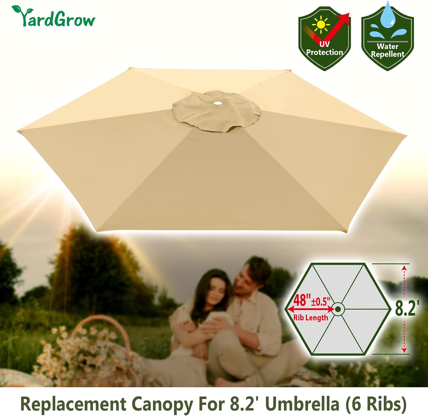 YardGrow 8.2ft 6 Ribs Patio Umbrella Replacement Canopy Market Umbrella Top Fit Outdoor Umbrella Canopy, Canopy ONLY