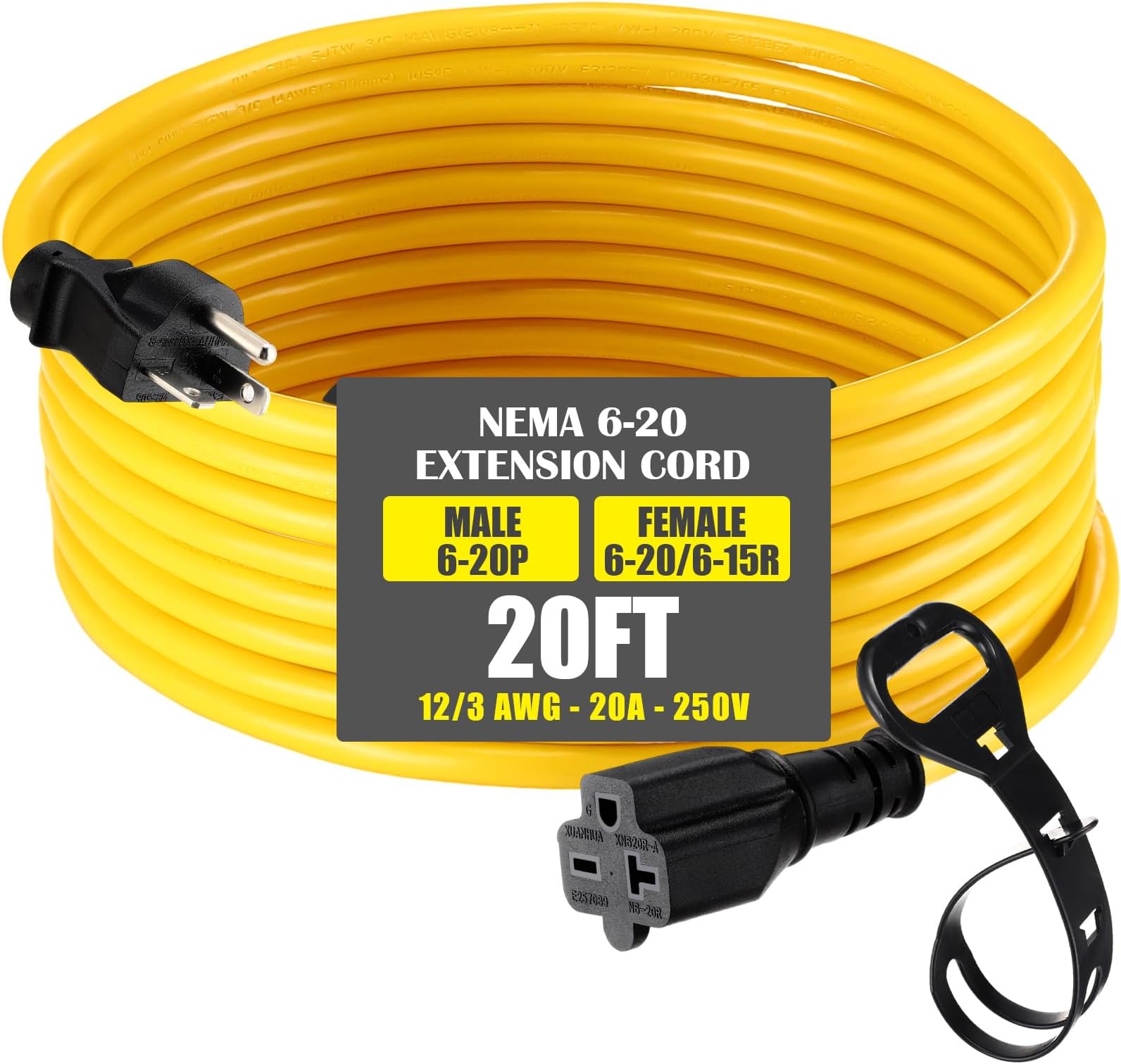 20フィート Nema 6-20 延長コード Nema 6-20p オスプラグ 6-20r/6-15r メスレセプタクル 20アンペア Tブレード コンセント延長電源コード 防水ソケット付き 高耐久 12/3 Awg 250V 5000w