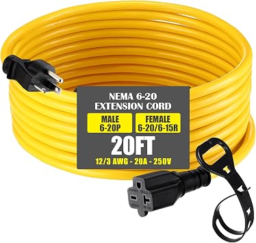 20 ft Nema 6-20 Extension Cord, Nema 6-20p Male Plug to 6-20r/6-15r Female Receptacle, 20 Amp T-Blade Outlet Extension Power Cord with Waterproof Sockets, Heavy Duty 12/3 Awg, 250v, 5000w