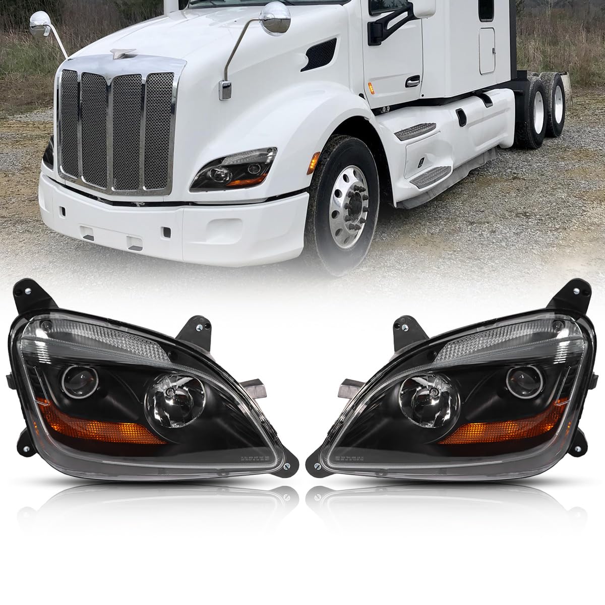 Photo 1 of Gronsvt Fit for 2011-2023 Peterbilt 579 587 Class 8 Truck Projector Headlight Headlamp Black Housing Assembly Replacement Pair/Set