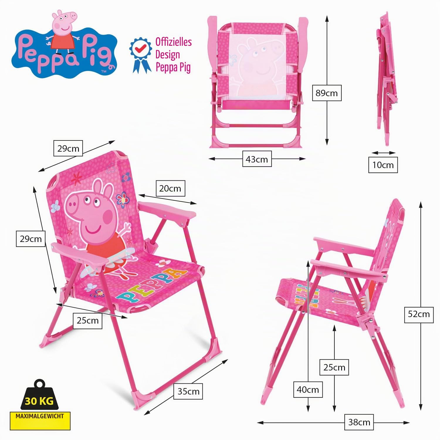 ARDITEX Peppa Pig Klappstuhl für Kinder, Outdoor-Stuhl für Strand, Garten und Terrasse, Metallrahmen, Armlehnen aus Kunststoff und Sitzfläche aus Segeltuch, 38 x 32 x 53 cm, Rosa, PP16177