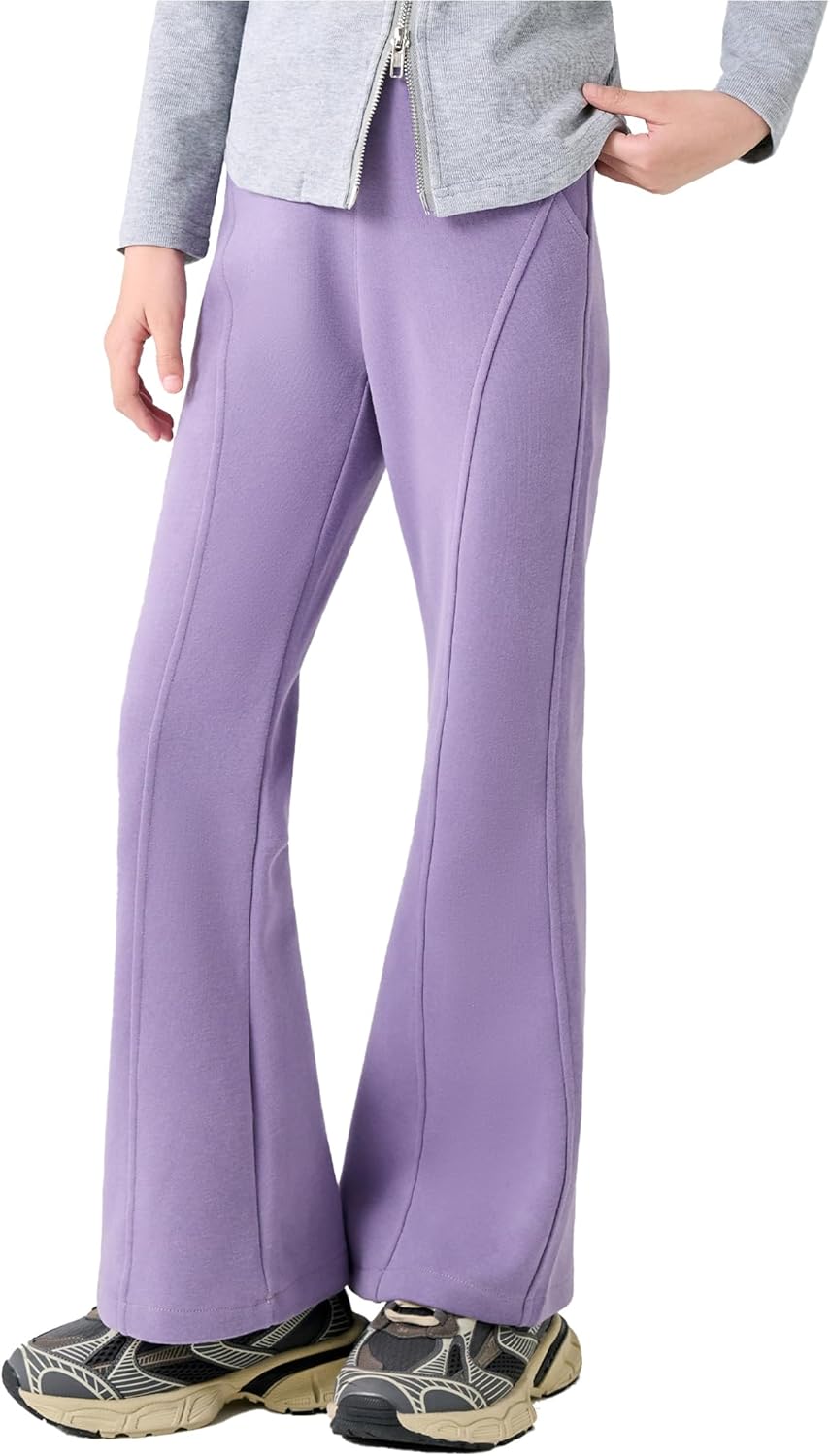 Girls Flare Pants Elastic Waist Barrel Leg Leggings Soft Stretchy Sweatpants Solid Fleece Bell Bottoms 5-14 Years