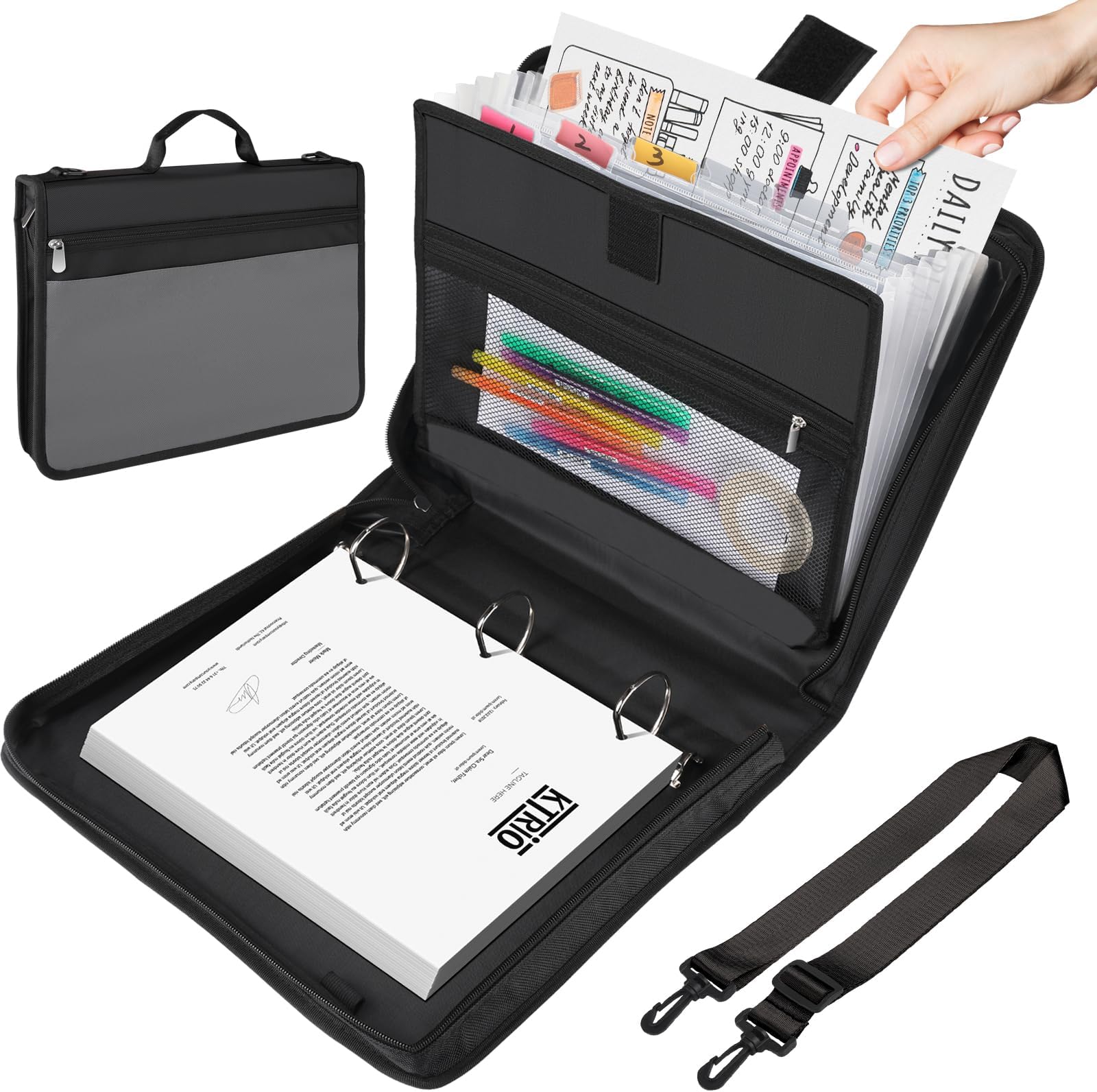 KTRIO Zipper Binder, 3 Ring 2.5 Inch Organizer With Shoulder Strap, Portfolio With Handle and 2 Pockets, Black and Grey