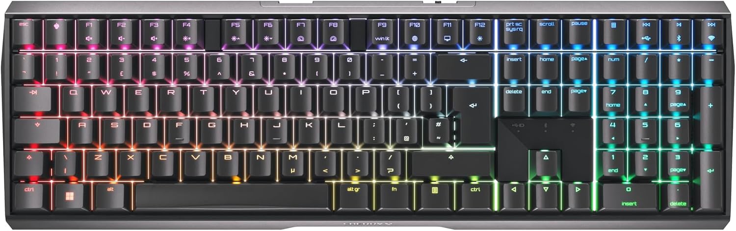 MX 3.0S Wireless, Tastiera Meccanica da Gioco Senza Fili, UK QWERTY, Bluetooth, 2,4 GHz e Via Cavo, Interruttori MX2A RED, Nero, UK - QWERTY