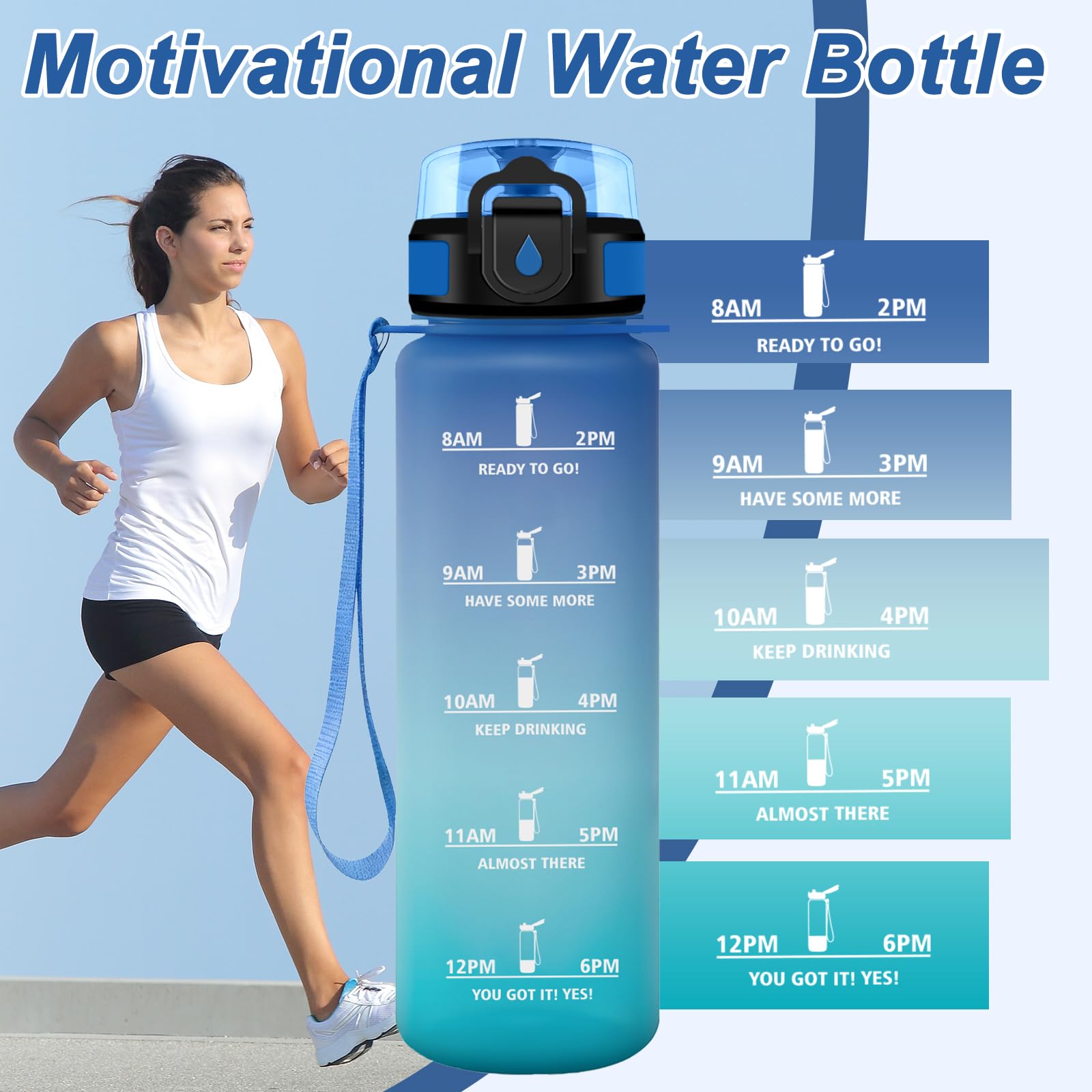 JAPORIA Borraccia 1L, Borraccia Palestra con Indicatore del Tempo, Borraccie con Filtro, Bottiglia Acqua Riutilizzabile, senza BPA, A Prova di Perdite, Bottiglia per Campeggio, Studenti, Ufficio