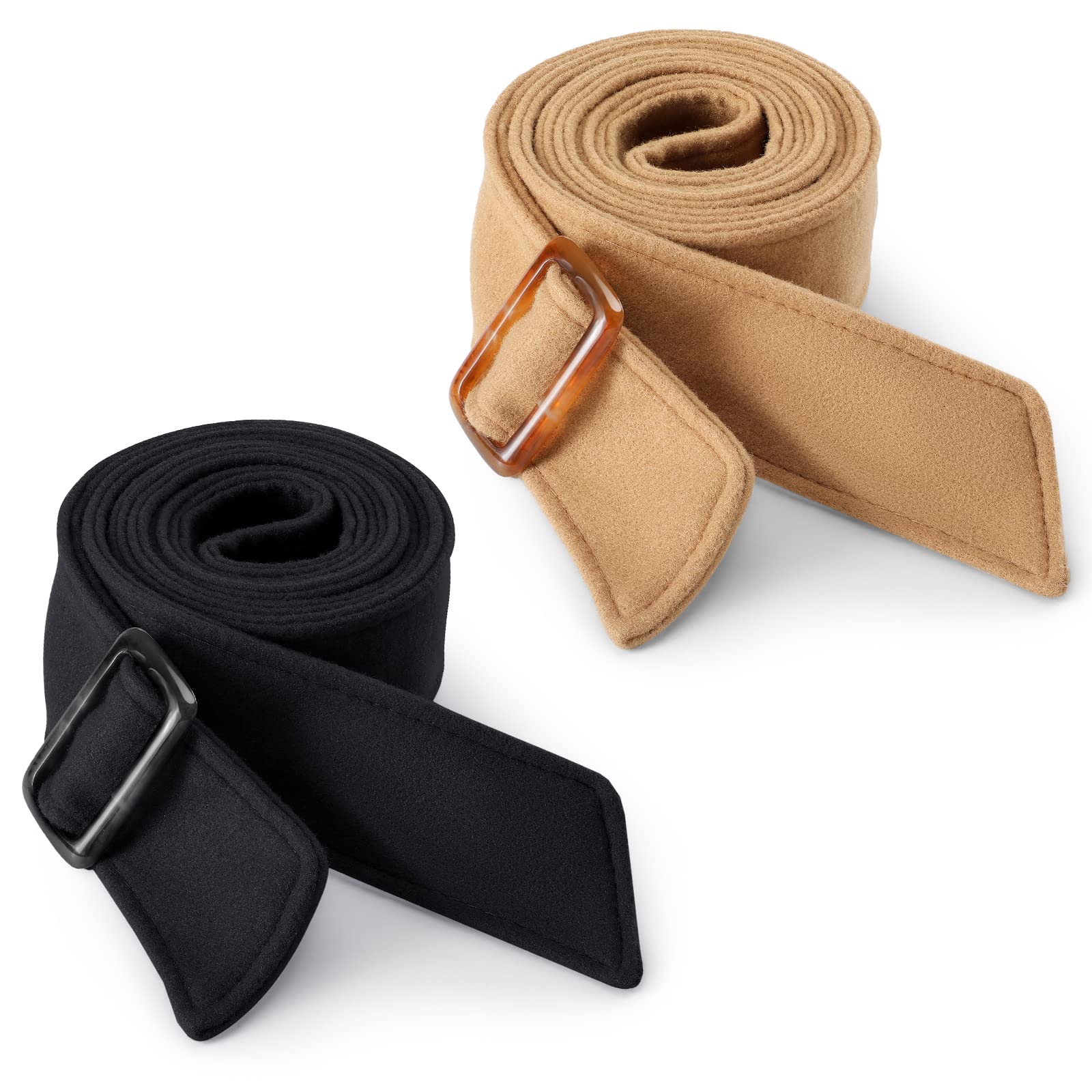 2 Pcs Wool Coat Belt Replacement for Women Black and Tan Trench Belt Women's Faux Wool Wrap with Buckle for Coat Trench Overcoat Jacket