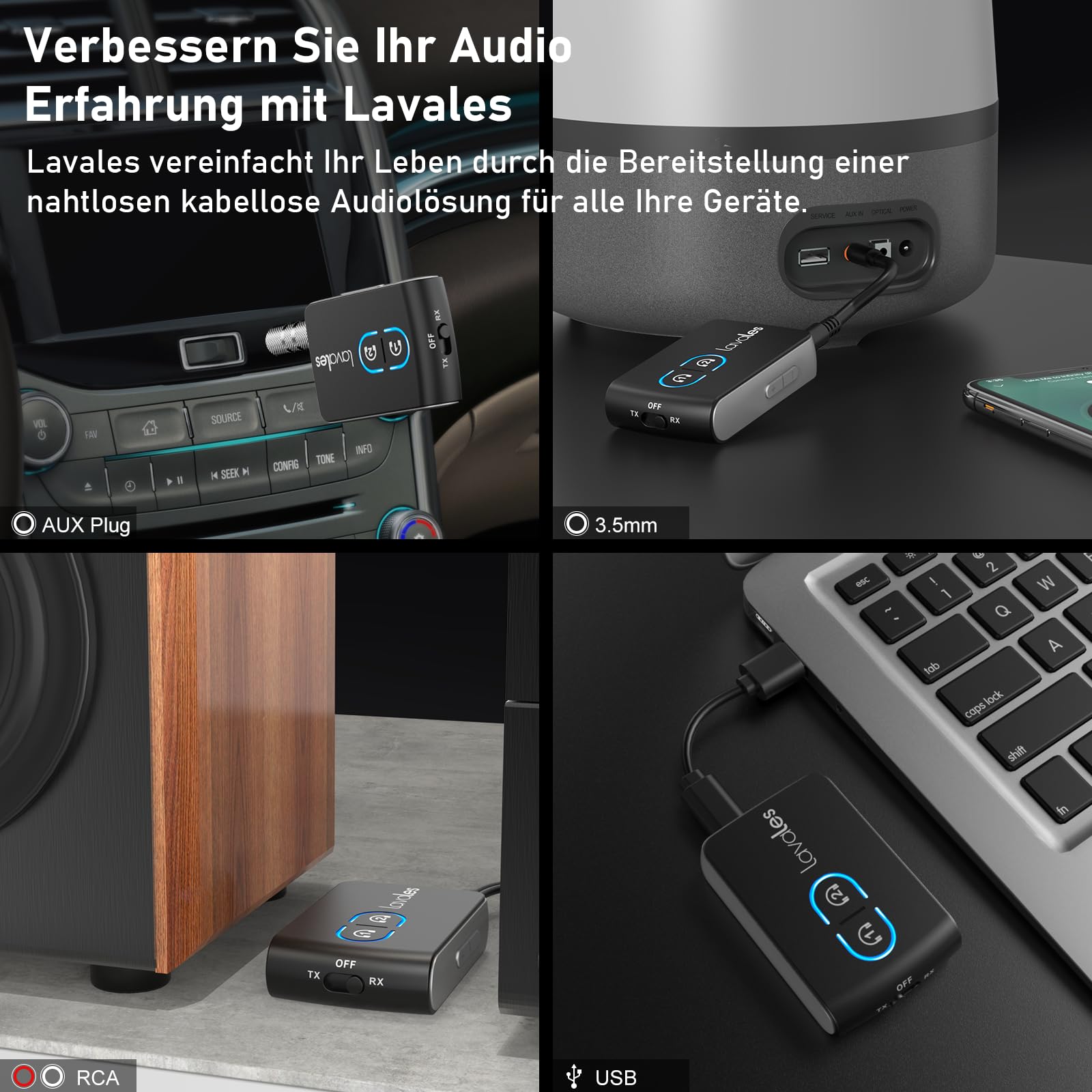 Ainostone Bluetooth 5.3 Sender Empfänger 2-in-1 Audio Adapter Mit 3,5mm Aux Klinke für Flugzeug, TV, Stereoanlage, Auto - Niedrige Latenz, Bildschirm für 2 Kopfhörer, Airpods