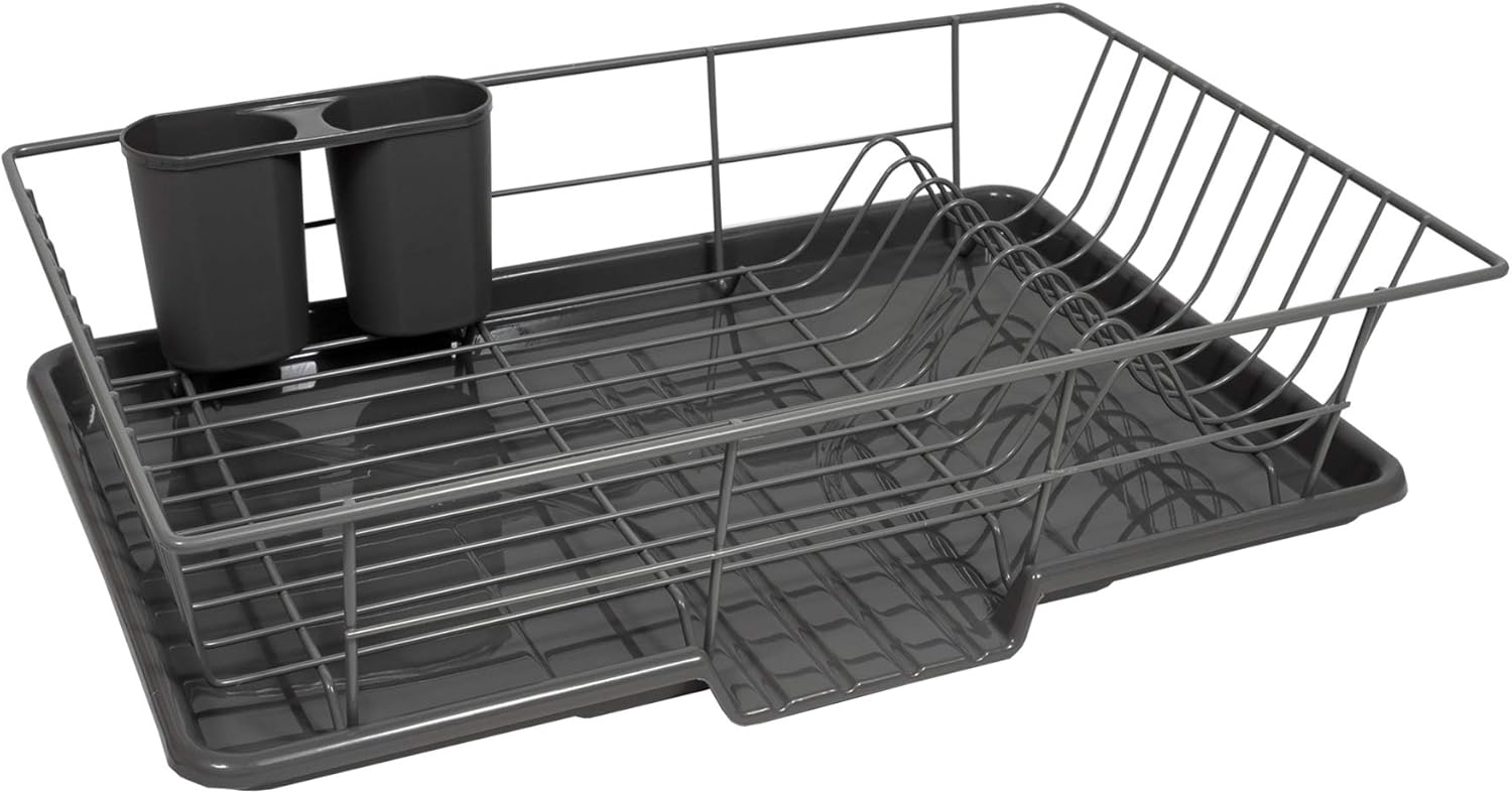 Sweet Home Collection Metal, Plasic ,Dish Drainer Drain Board and Utensil Holder Simple Easy to Use, 12" x 19" x 5", Black