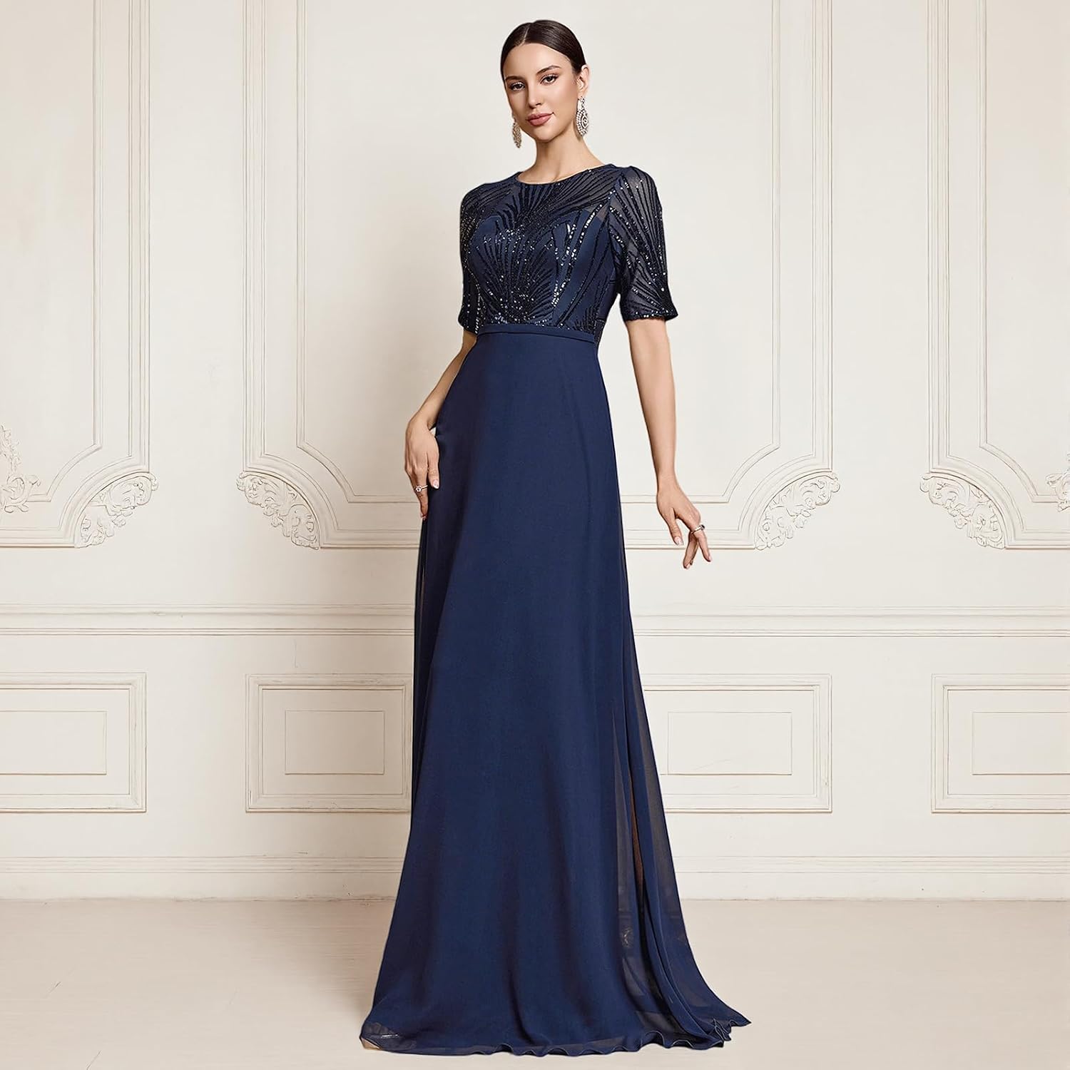 Crew Neck Maxi Formal Dress with Sequin Embroidery & Mid-Sleeve, A-Line Semi-Sheer Evening Gown for Party & Prom