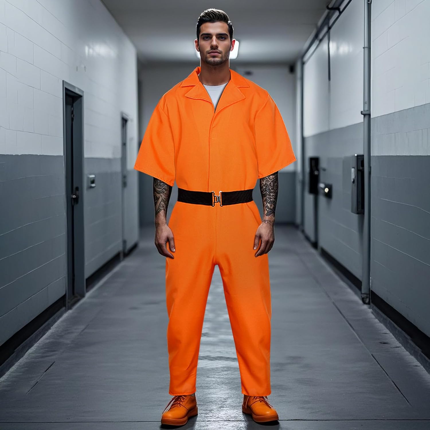 Joukavor Orange Prison Jumpsuit Adult Prisoner Costume with Belt for Men Women Halloween Cosplay - Image 4