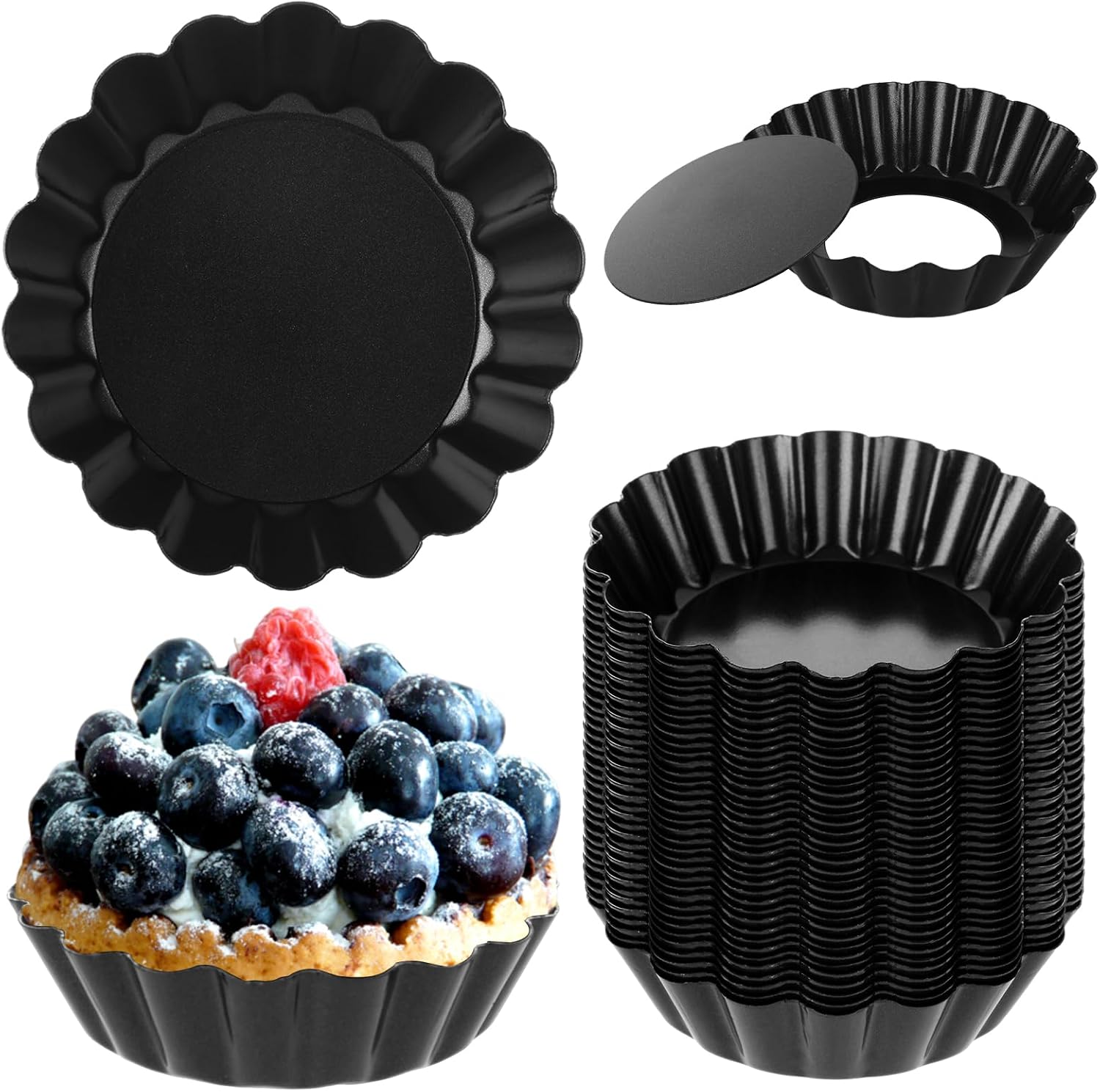 32 Pack 3 Inch Mini Tart Pans, Round Egg Tart Molds with Removable Bottom, Nonstick Mini Quiche Pan Bakeware Mold Fluted Side for Pies, Mousse Cakes, Dessert Baking