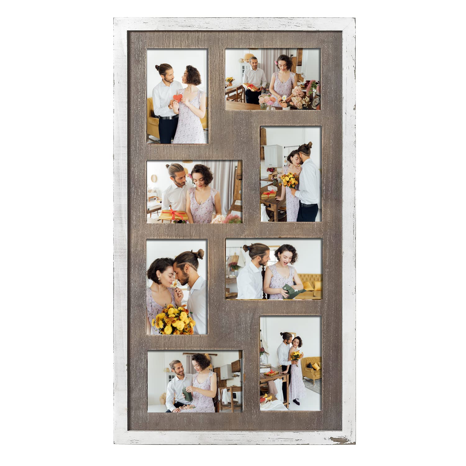 Photo 1 of Adeco Decorative Handmade Solid Wood Collage Picture Frame to Display 8 Openings 4 x 6 inch Photos for Vertical and Horizontal Wall Hanging, Vintage Craftsmanship Wall Decor, Rustic Brown and White white and brown 8-opengnings
