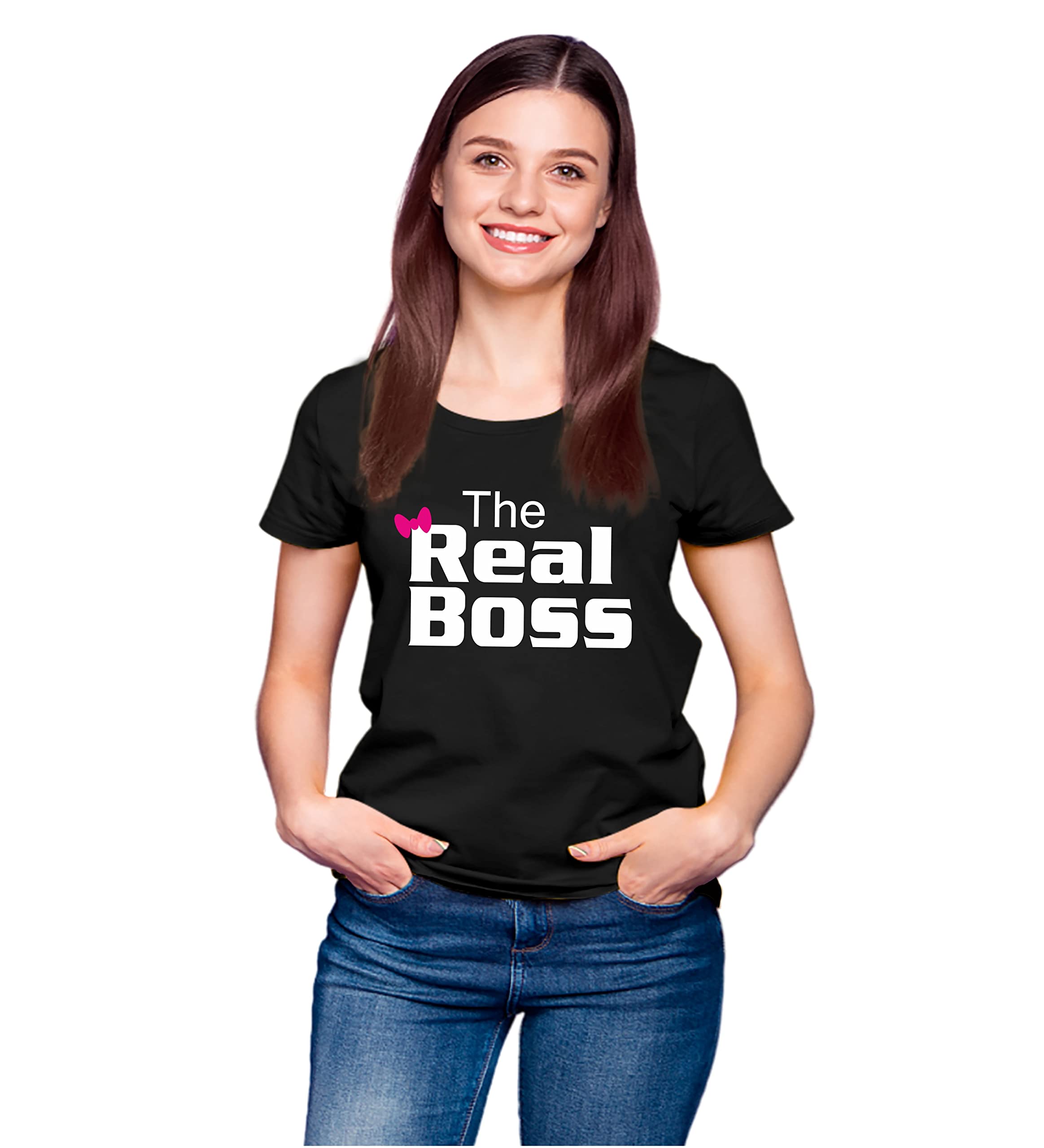 Cotton Womens Tshirts The Real Boss Printed Black Color Tshirts