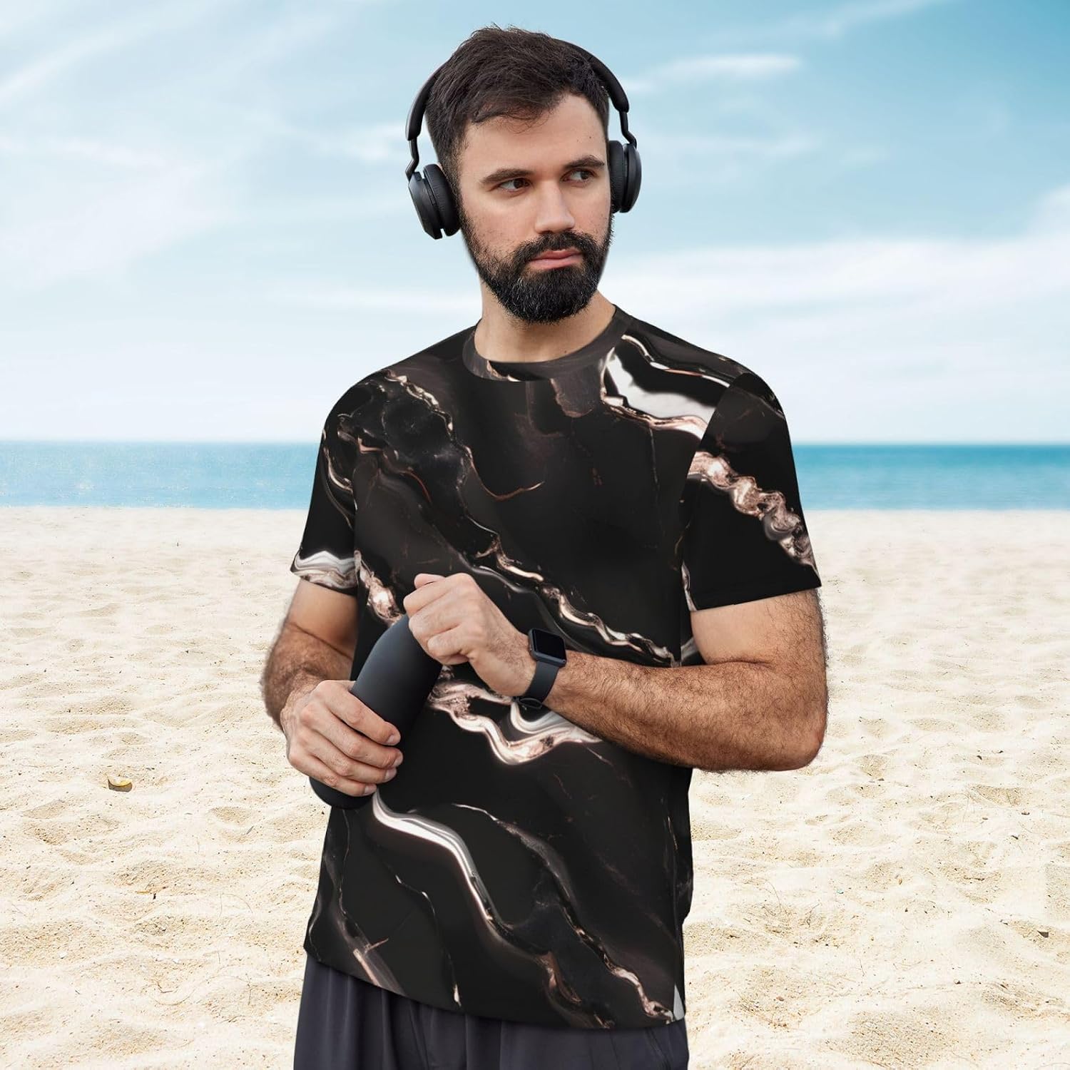 Black Rose Gold Marble Print Mens Short Sleeve Mesh T-Shirt Breathable Athletic Gym Running Casual Sports Wear