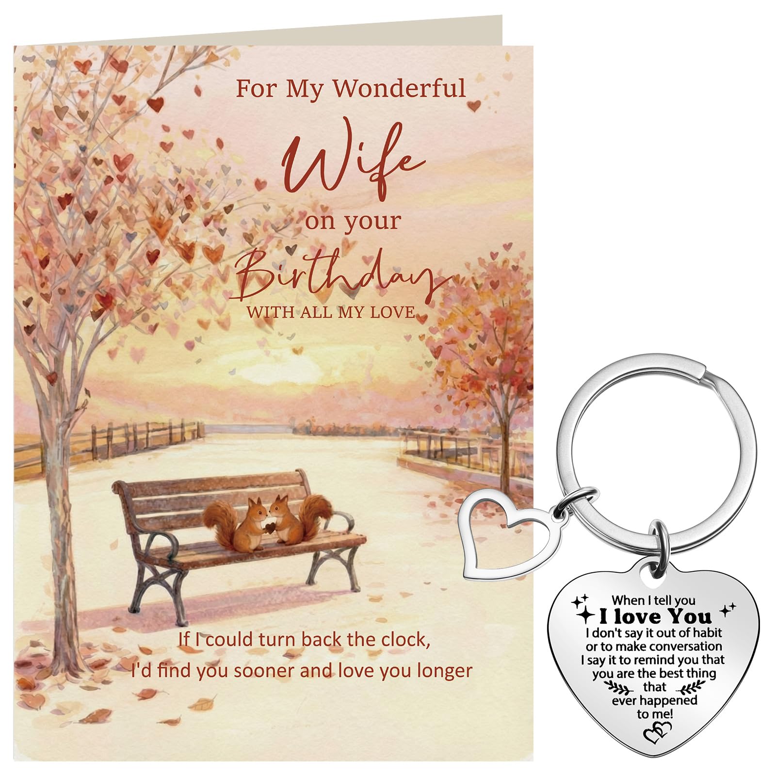 Tenare Wife Birthday Card from Husband, Wife Birthday Card Gifts with White Envelope and I Love You Keyring Keychain for Her