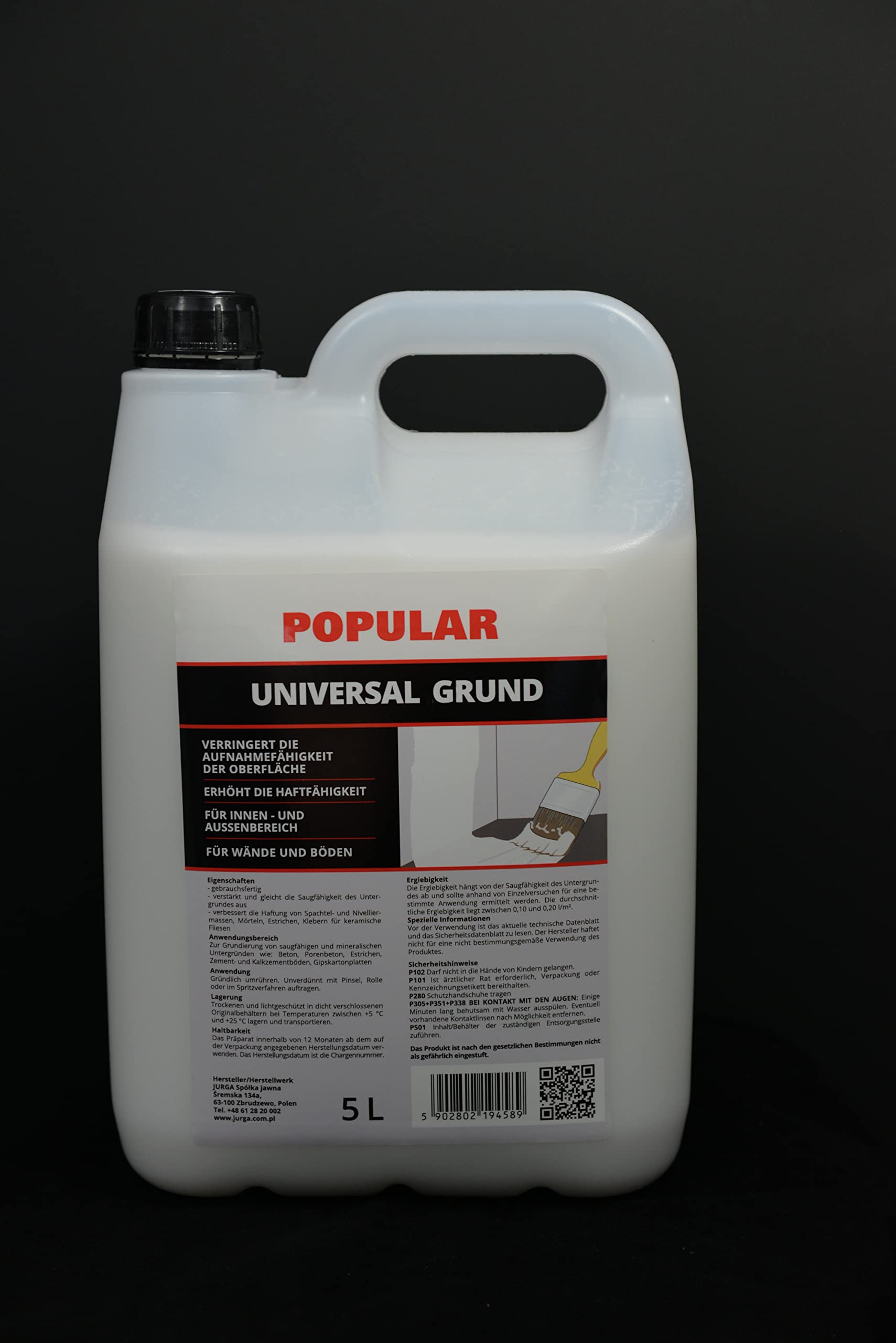 JURGA Popular Grunt 5L (≈50m²) Do Ścian i Podłóg Uniwersalny Podkład Preparat Gruntujący Do Użytku na Zewnątrz i Wewnątrz na Chłonne Porowate Podłoża