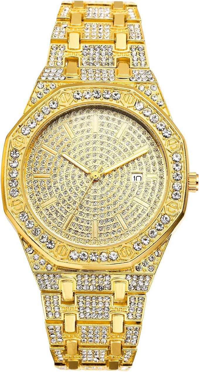 Crystal Watch for Men, Gold Tone Alloy Quartz Watch Stylish Rhinestone Business Casual Dress Wristwatches Fashion Hip Hop Men's Bling Bling Watch