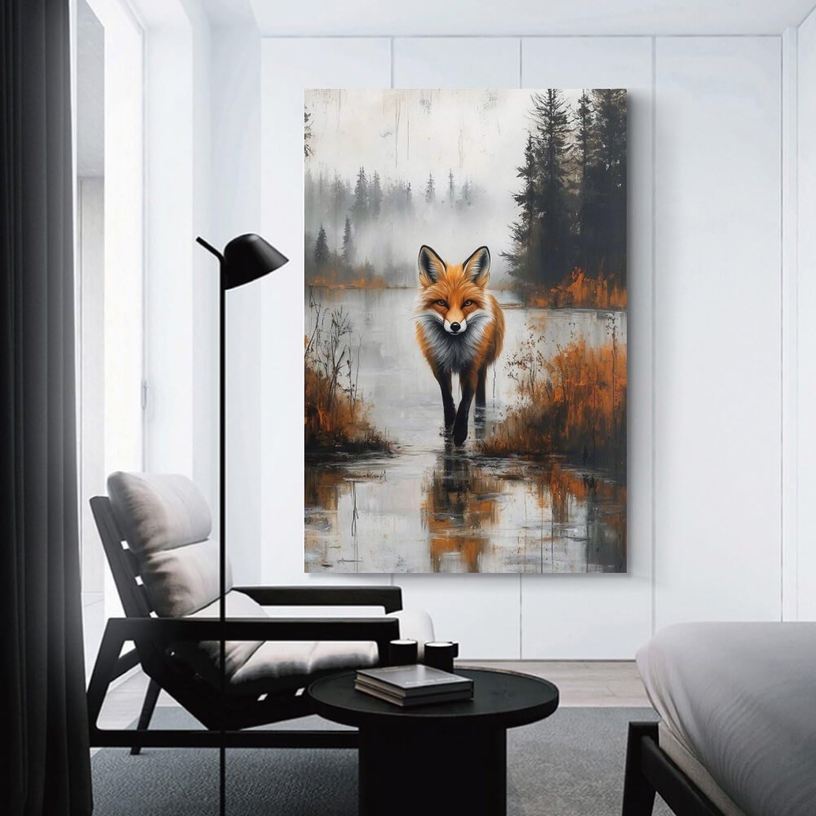 Junmoney Fox in Misty Lake Painting Home Decor Wall Art, 12x18inch(30x45cm), for Wall Displays, Bedrooms Or Room Updates, Ideal for Building A Coordinated Art Wall