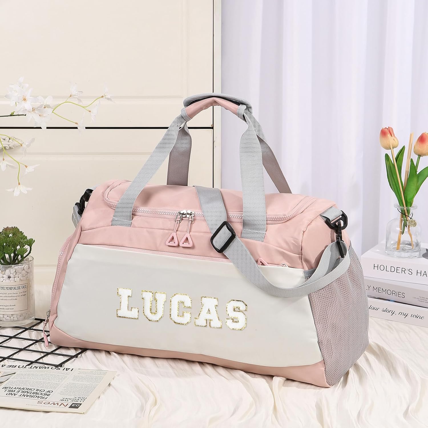 Personalized Duffel Bag with Name | Oxford Cloth Gym Bag with Shoes and Wet Pockets, Sports Bag Weekender Overnight Bag for Traveling for Women Men(Pink)