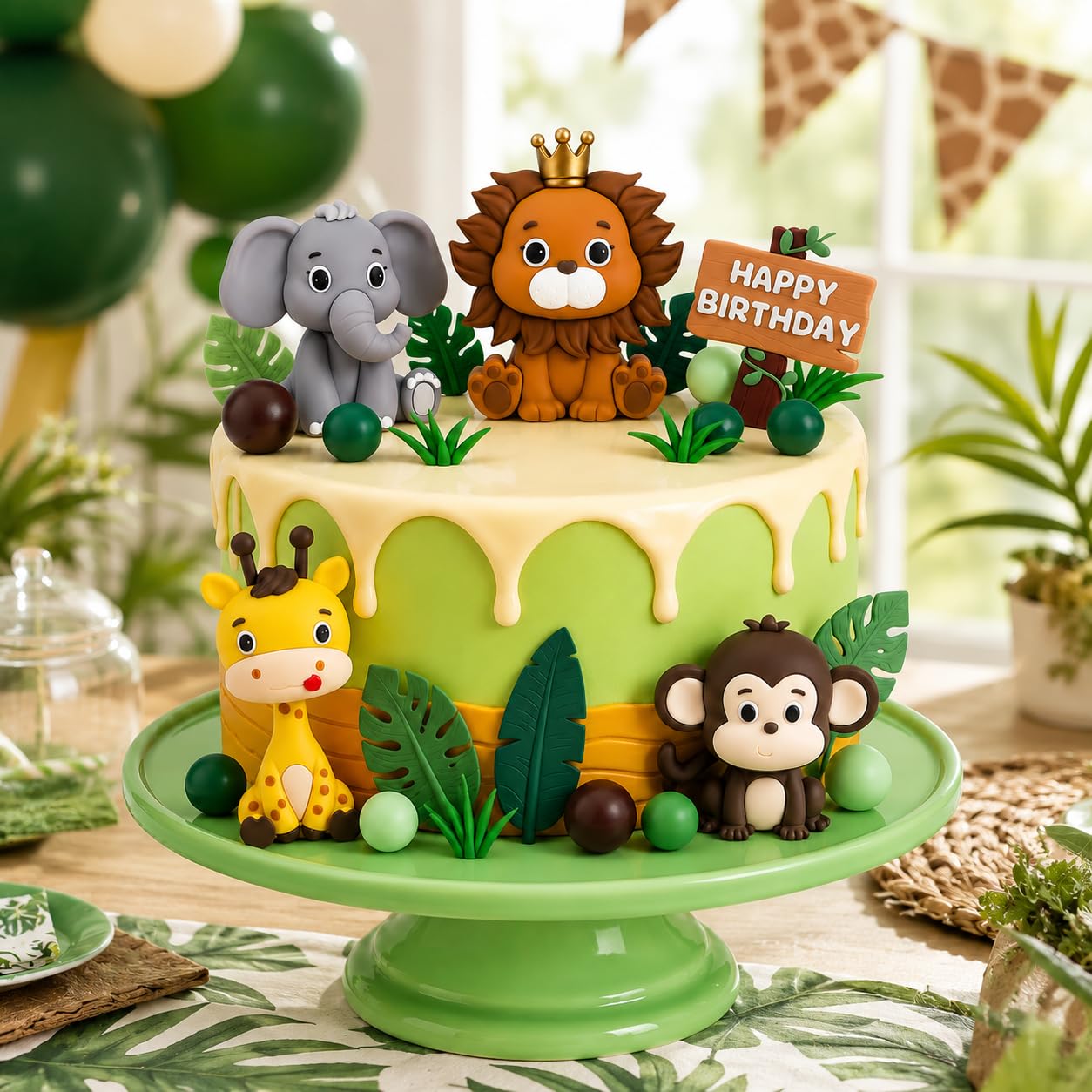 Dekoracja na tort, dżungla, safari, 19 sztuk, na urodziny dziecka, lew, żyrafa, małpa i słoń, idealna dekoracja na imprezę tematyczną safari, baby shower i urodziny, zwierzęta urodzinowe