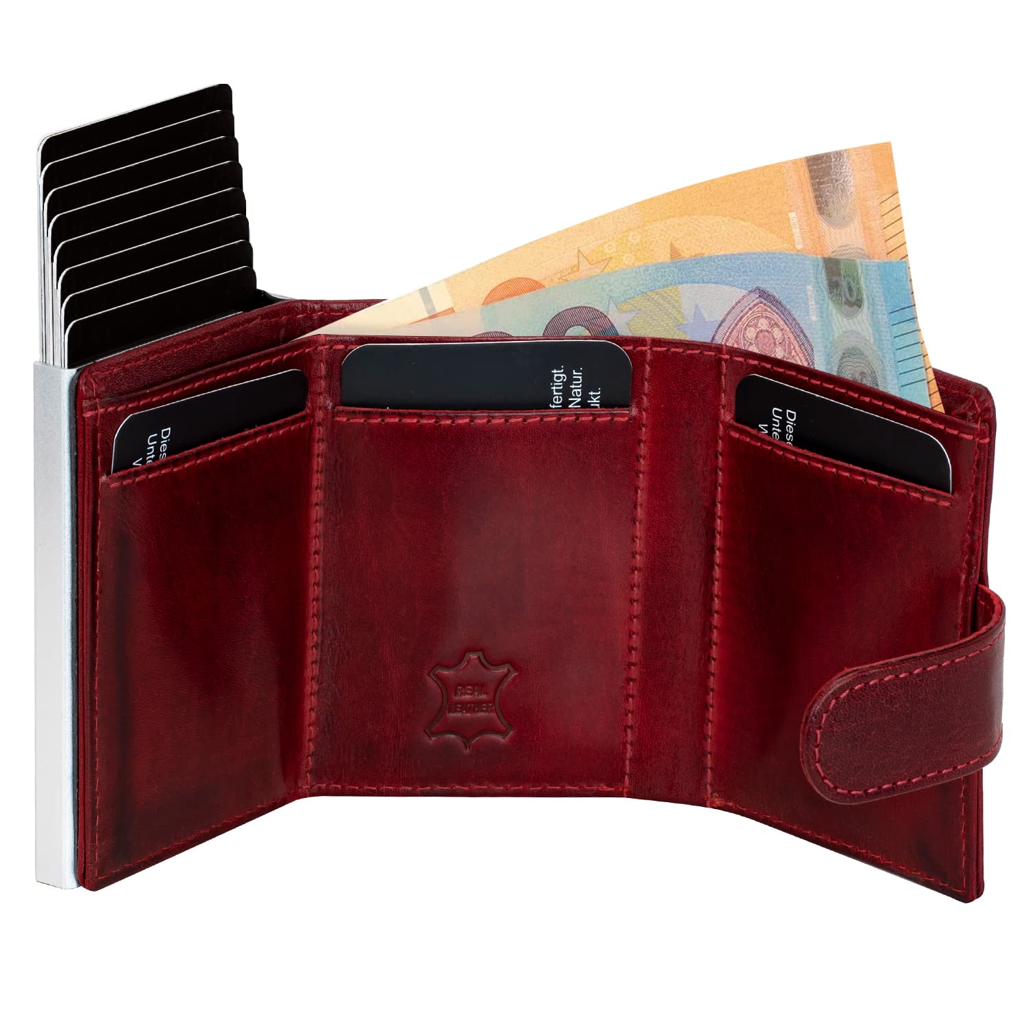 Fa.Volmer ® POP-UP portacarte con tasca per monete in vera pelle per uomo e donna | max. 11 carte | protezione RFID | portafoglio VO31 Red (rosso bordeaux)