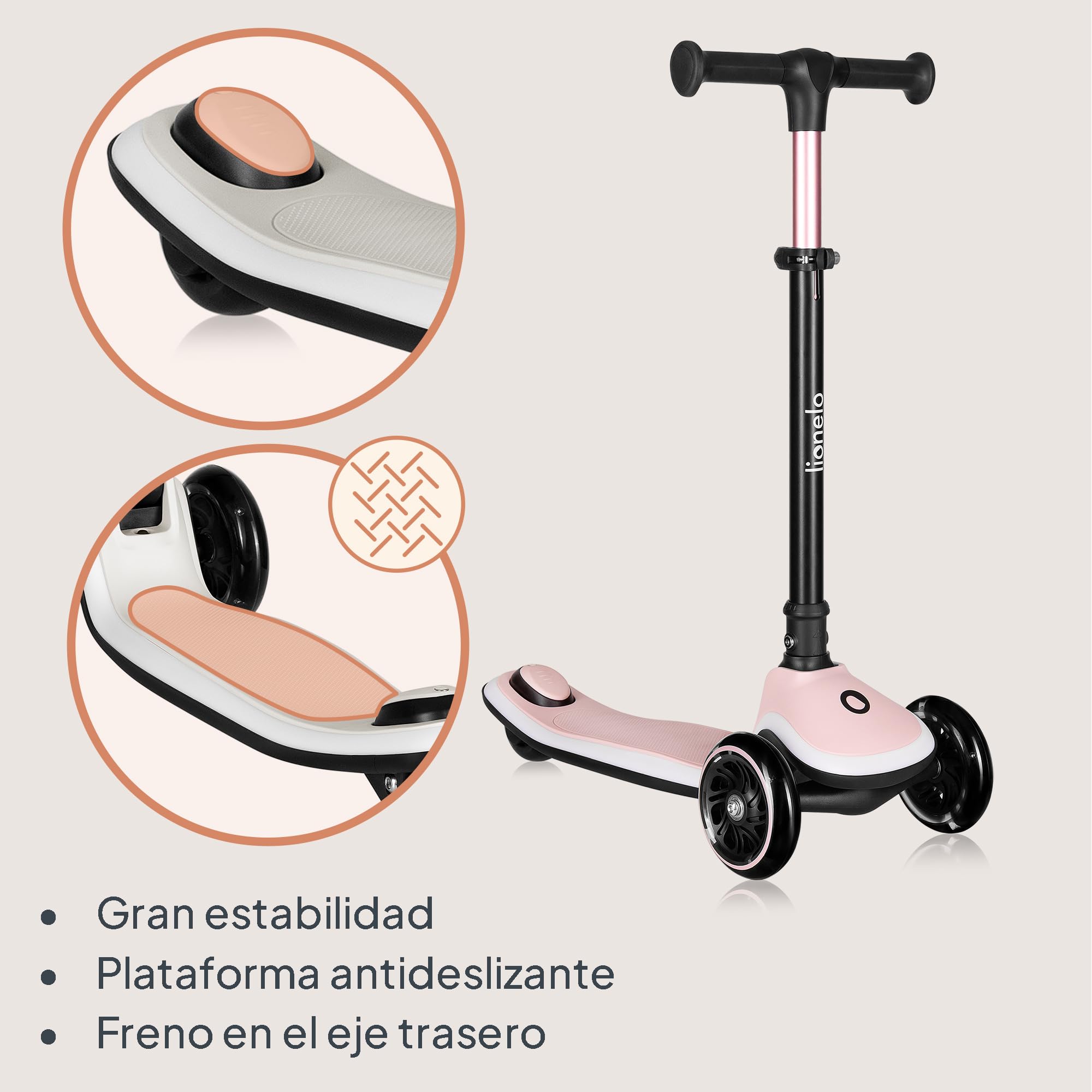 LIONELO MEY Patinete de Equilibrio para Niños Desde 3 años hasta 50 kg, Scooter Infantil Patinete de 3 Ruedas con Ajuste de Altura, Plataforma Antideslizante Iluminada y Ruedas LED, Cesta