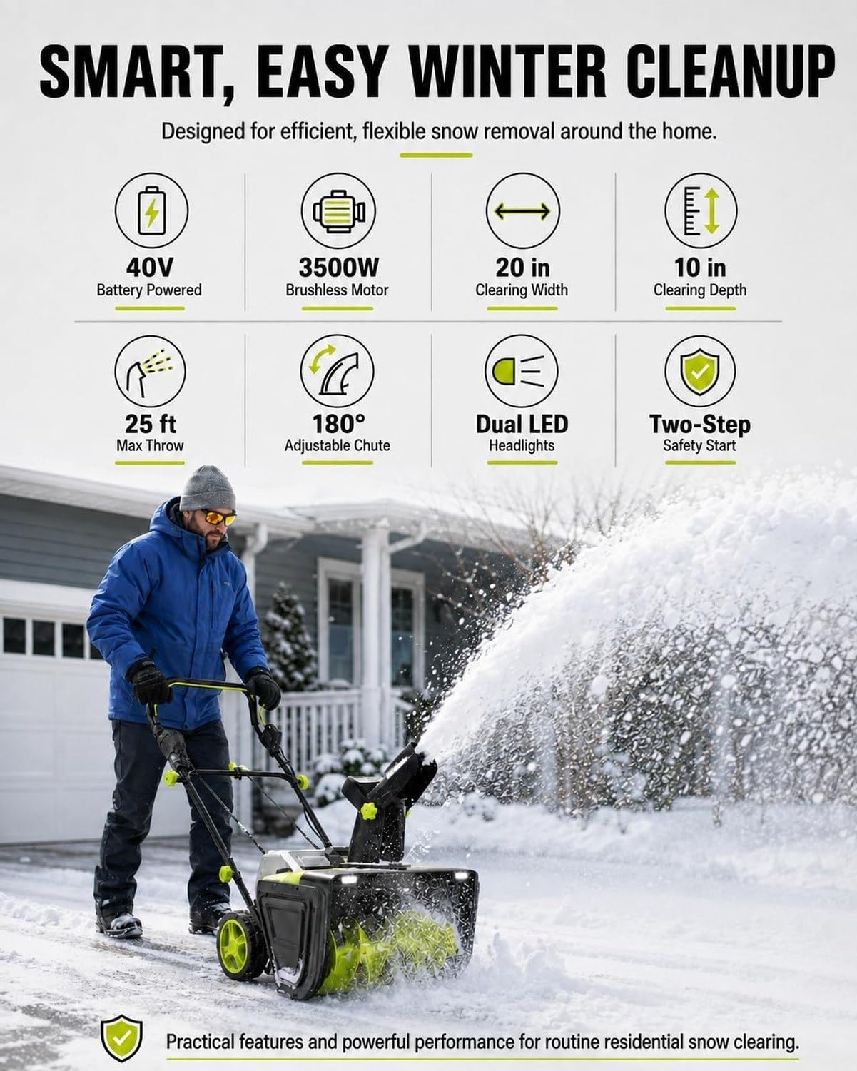 Soplador de Nieve Inalámbrico 20 Pulgadas, Motor sin Escobillas 3500W, Lanzador de Nieve 25 Pies