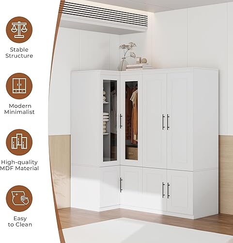 Miniatura 4 de Armario Armario: Juego de 2 modernos armarios de esquina para dormitorio con vidrio, armario de almacenamiento de ropa de madera de gran capacidad