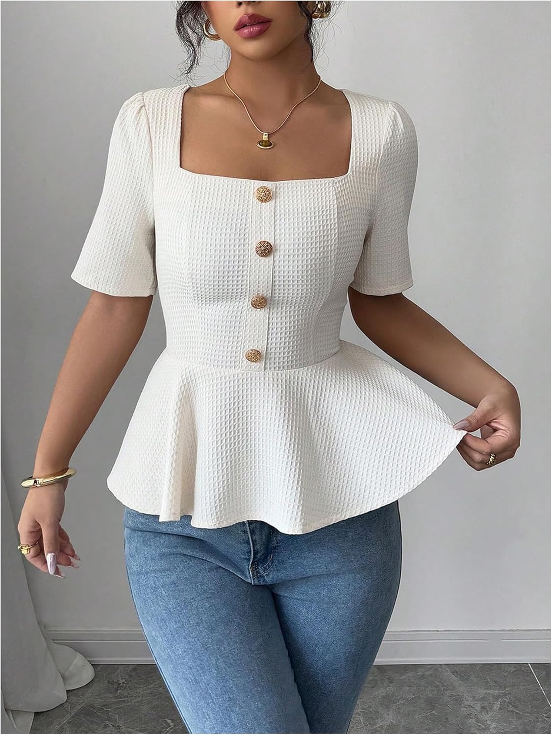 Floerns Women's Elegant Summer Blouse Top Short Sleeve Ruffle Hem Peplum Work Shirts - Image 5