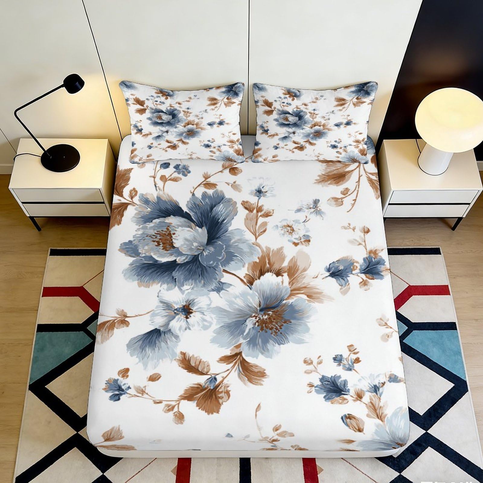Jqzkxnhpbr Style-9 3D Printed Blue Floral Fitted Sheet Microfiber Soft Bedroom Decor Brown Blossom Mattress Cover For Home Dorm Guest Room 90X200x25cm