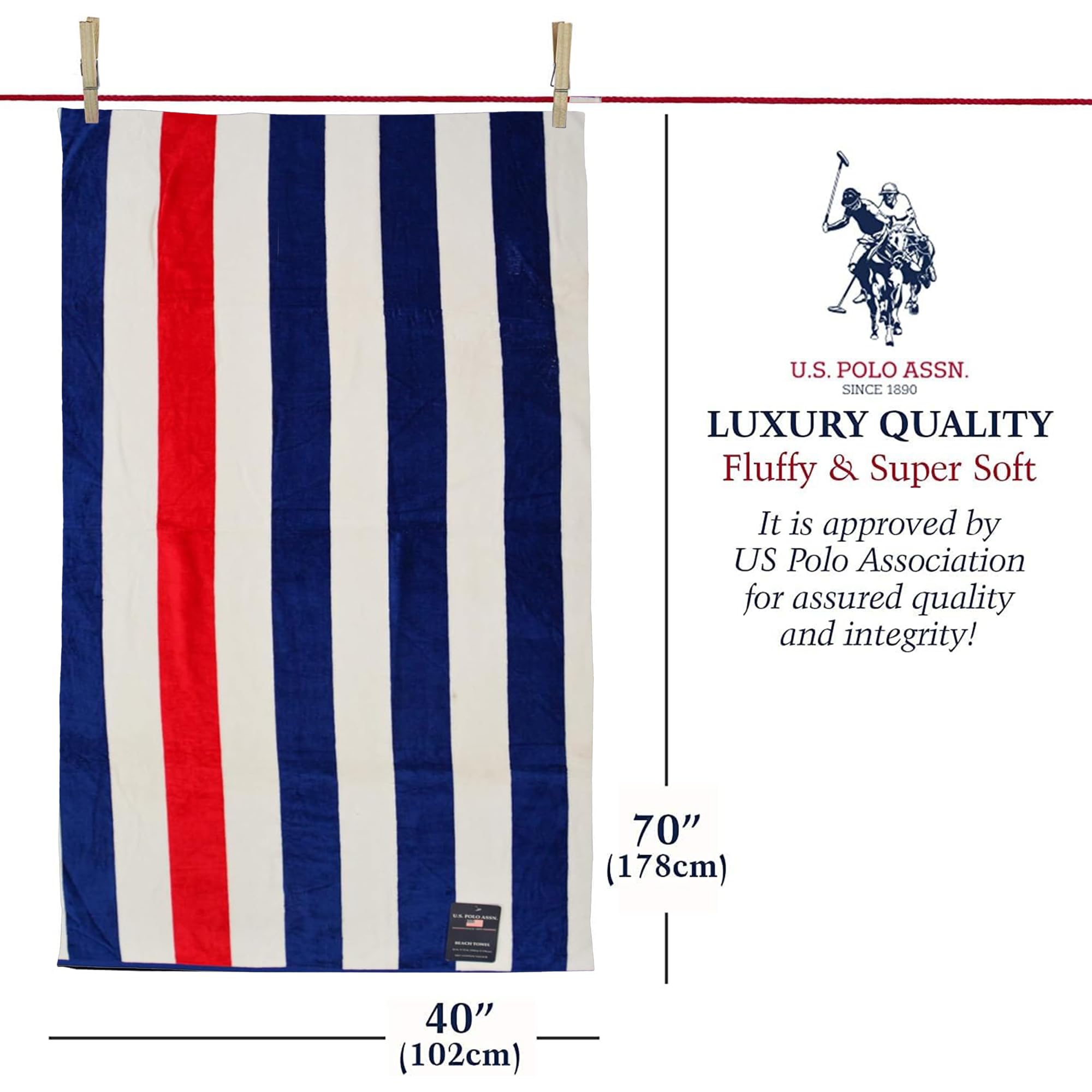 U.S. Polo Assn. Telo mare oversize (101,6 x 177,8 cm) a righe con design nautico - Lussuoso cotone felpato di qualità alberghiera per bagno, piscina - Cabana Stripe Navy/Rosso