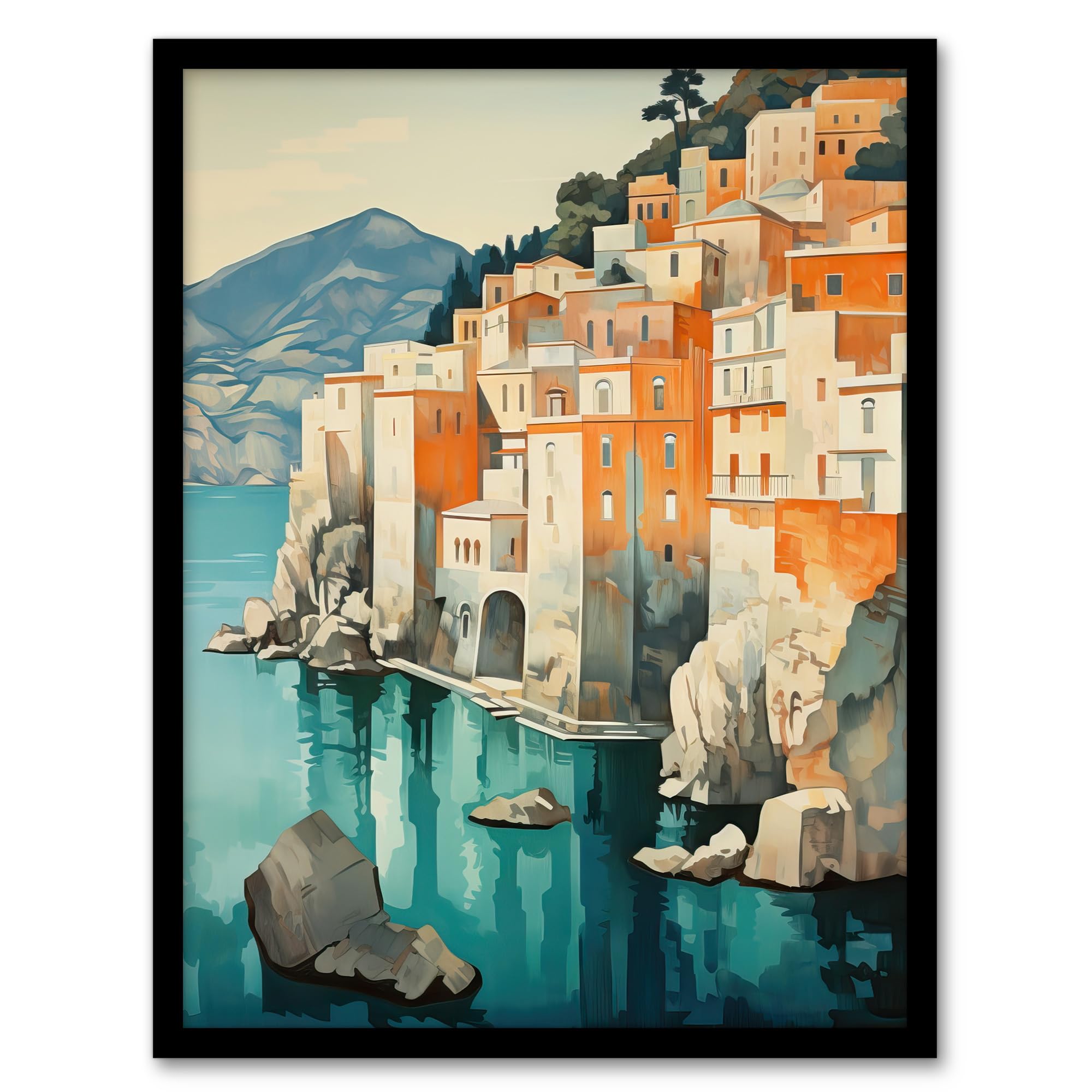 Artery8 Framed 12X16" Amalfi Coast Artwork Blue Orange Green Coastal Village Italy Landscape Art Print Framed Poster Wall Decor 12X16 Inch
