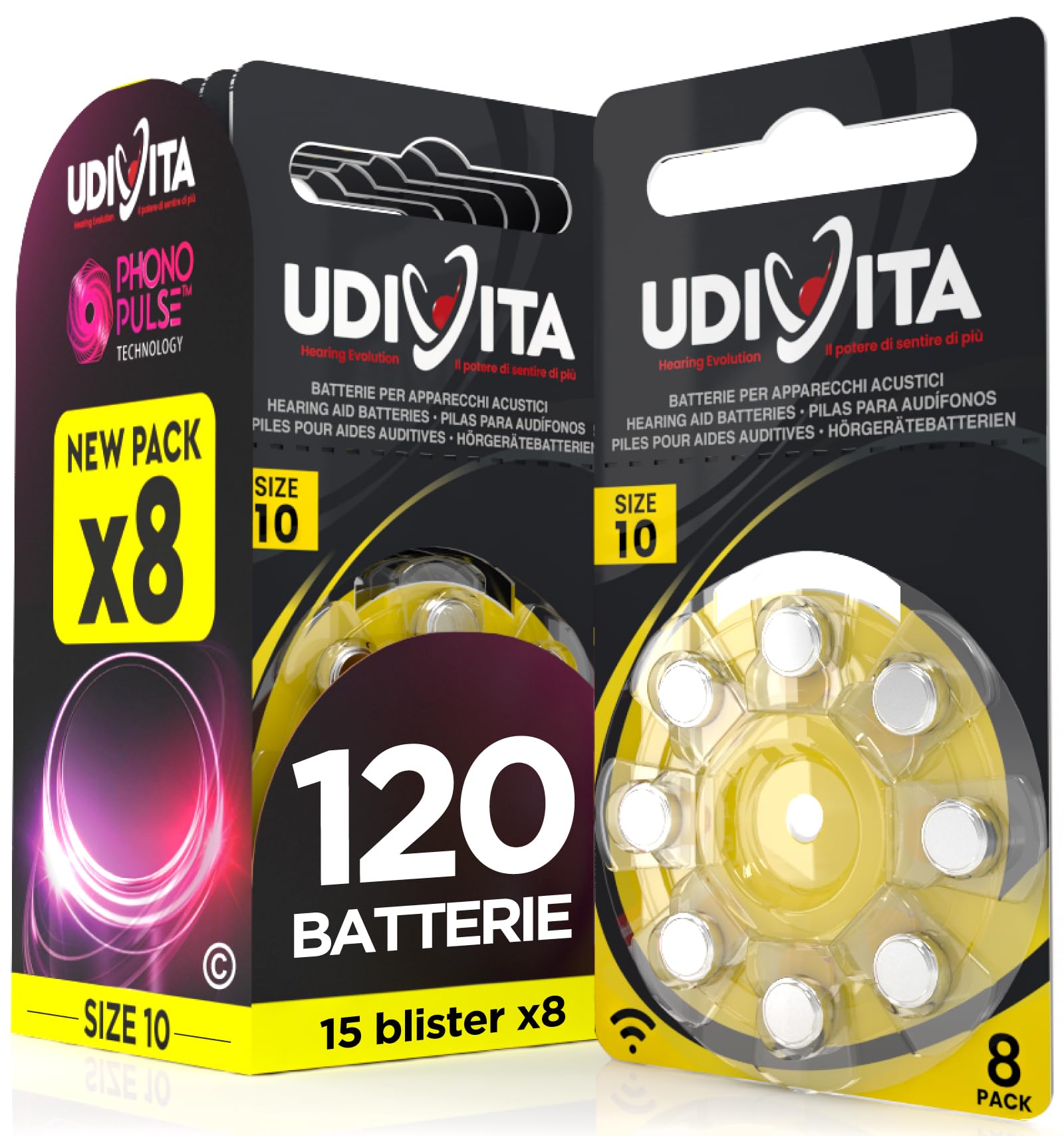 120 Batterie per Apparecchi Acustici Udivita Misura 10 (Gialle) PR70 con Phono Pulse Technology - 15 Blister da 8 Pile