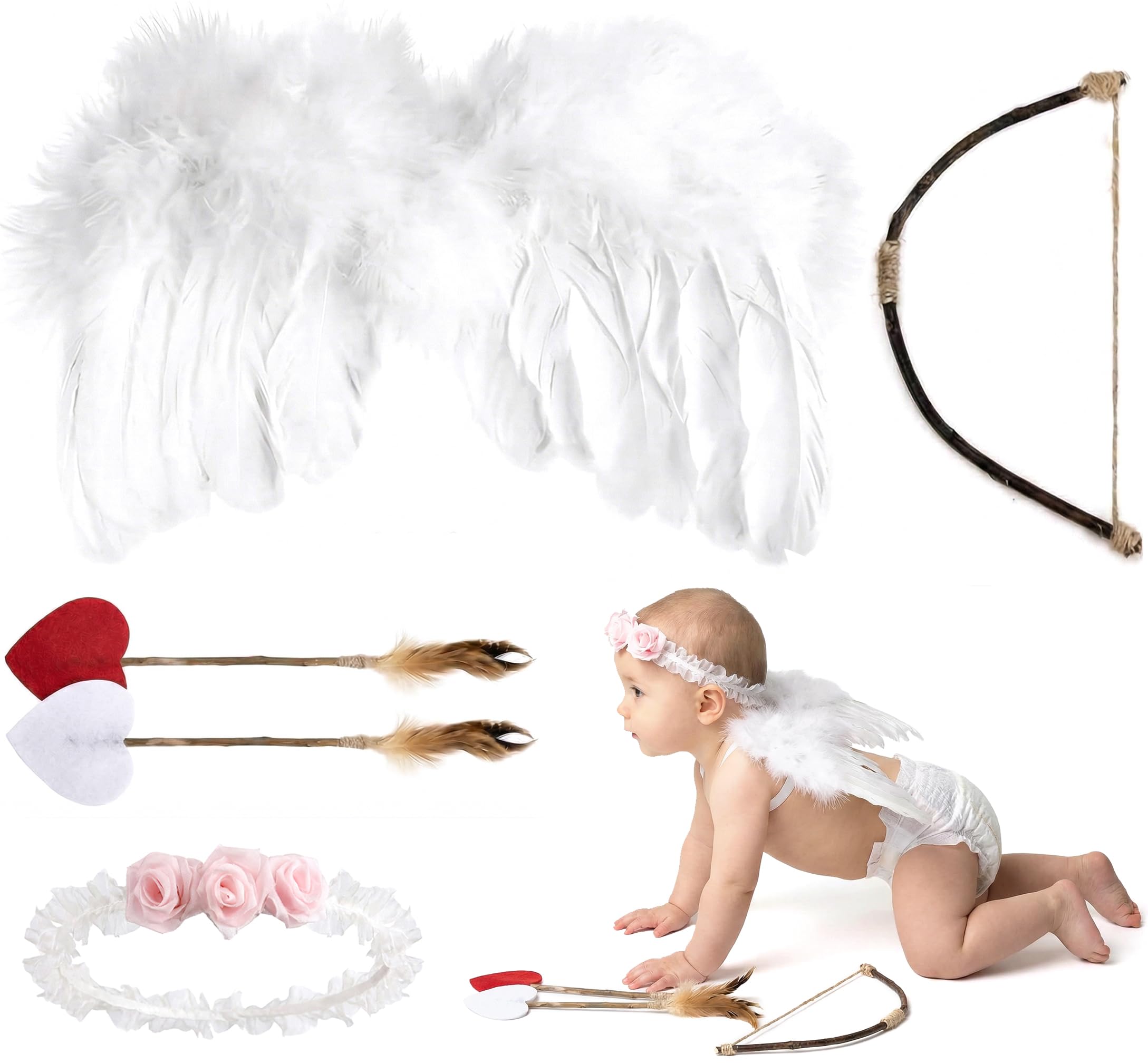 Amor Present Baby Wings Newborn Baby Lovely White Feather Angel Wings with Headband Bow Swords Infant Cupid Costume Photo Prop Outfit Easter April Fools Day Gift